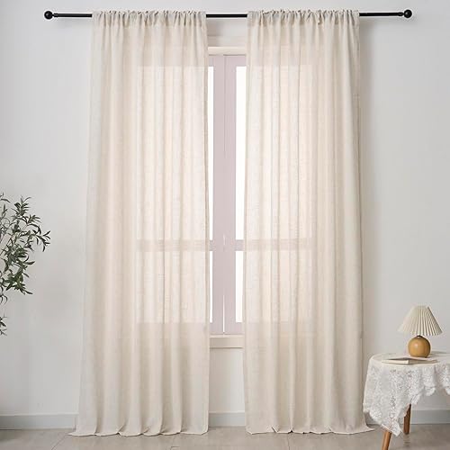 Miniatura 6 de Ftinala Cortinas y cortinas de lino sintético de 90 pulgadas, cortinas neutrales de granja para sala de estar y dormitorio, cortinas largas que