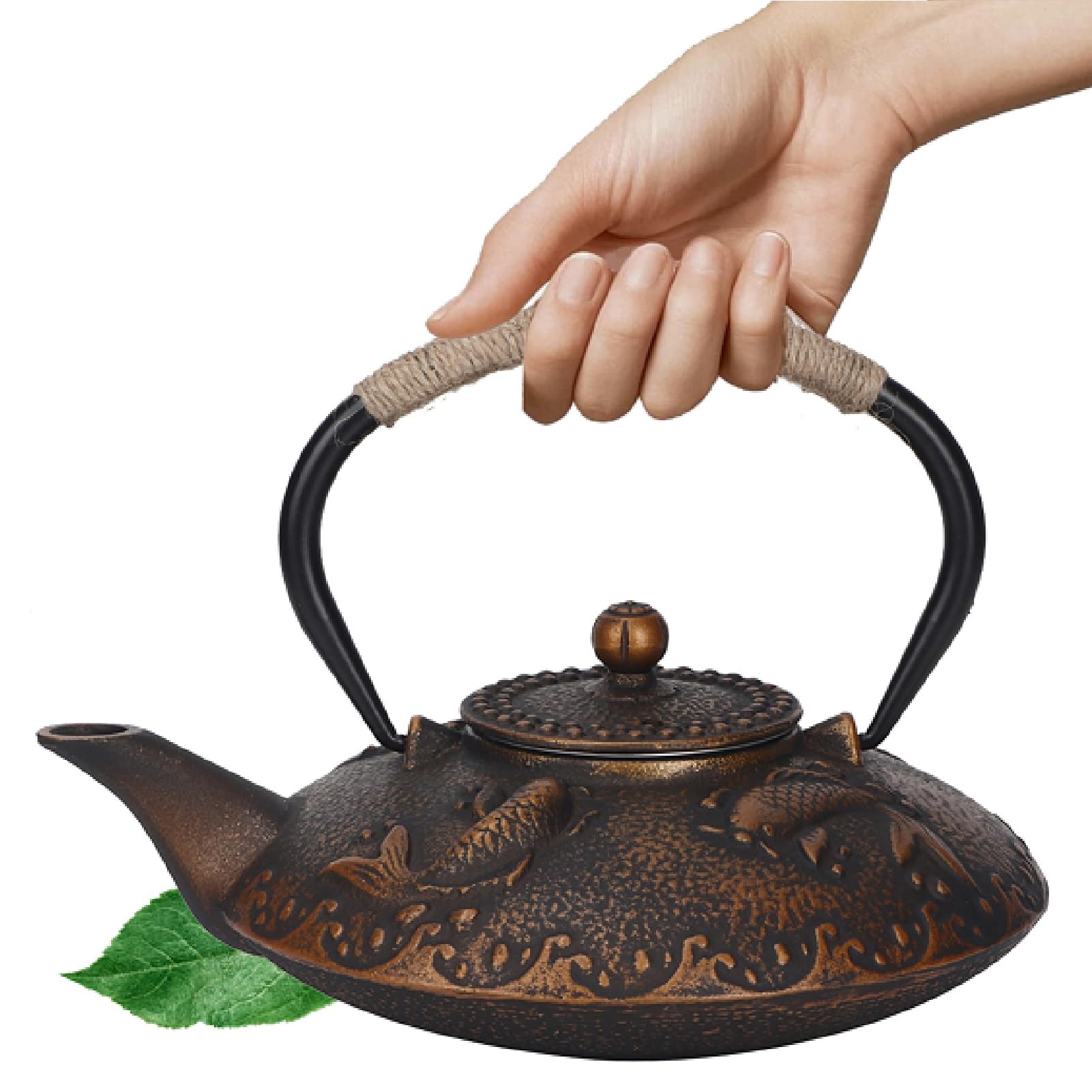 Wasserkocher im japanischen Stil, 0,9 l, Teekanne aus Gusseisen, Koi-Fisch-Muster, Eleganter Teekessel, Wasser-Teekanne mit Deckel zum Sammeln