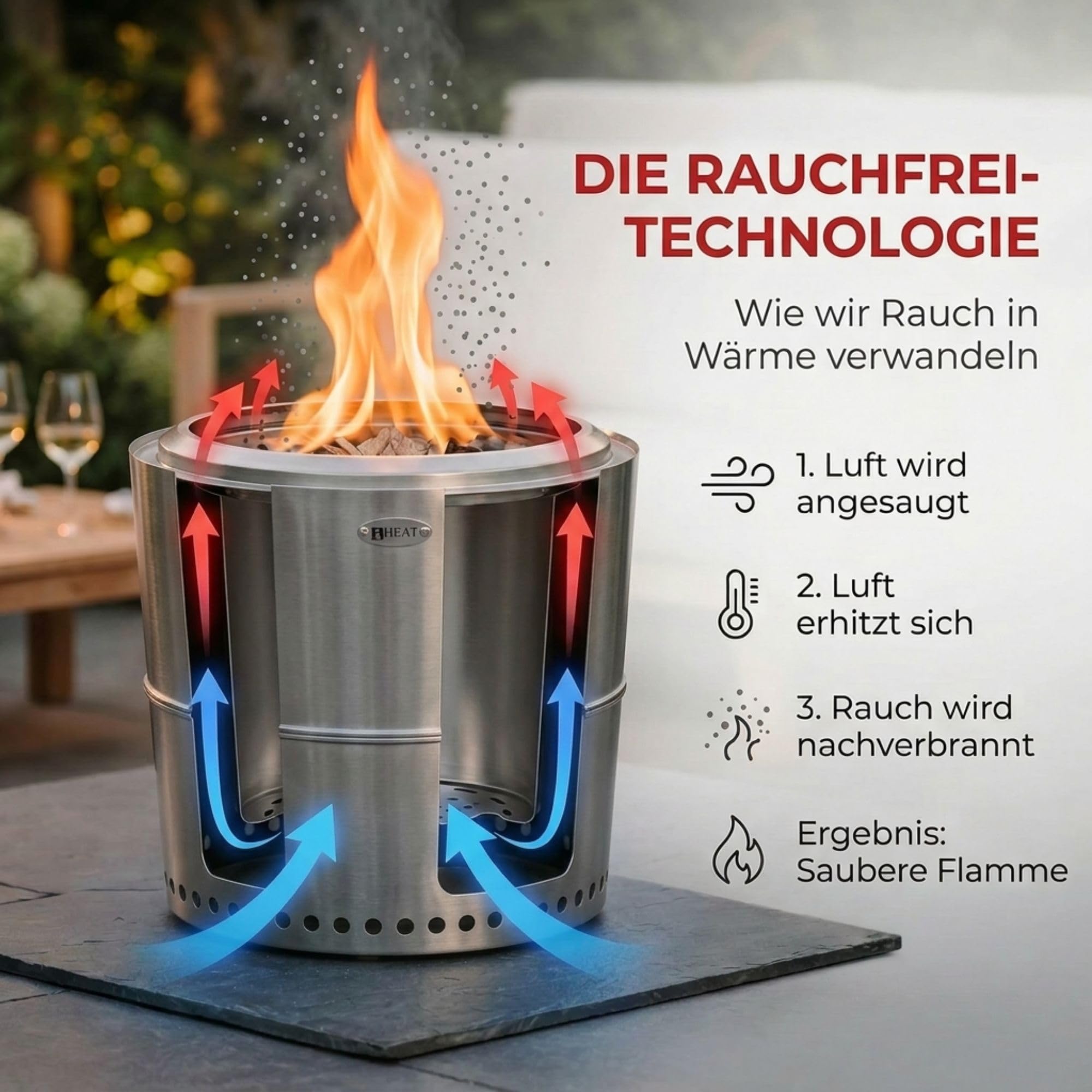 Heat Rokfri Rauchfreier Feuerkorb - Rauchfreie Feuerschale - Feuerstelle 40 cm - Fire Pit Outdoor - 40x40x35cm - Edelstahl
