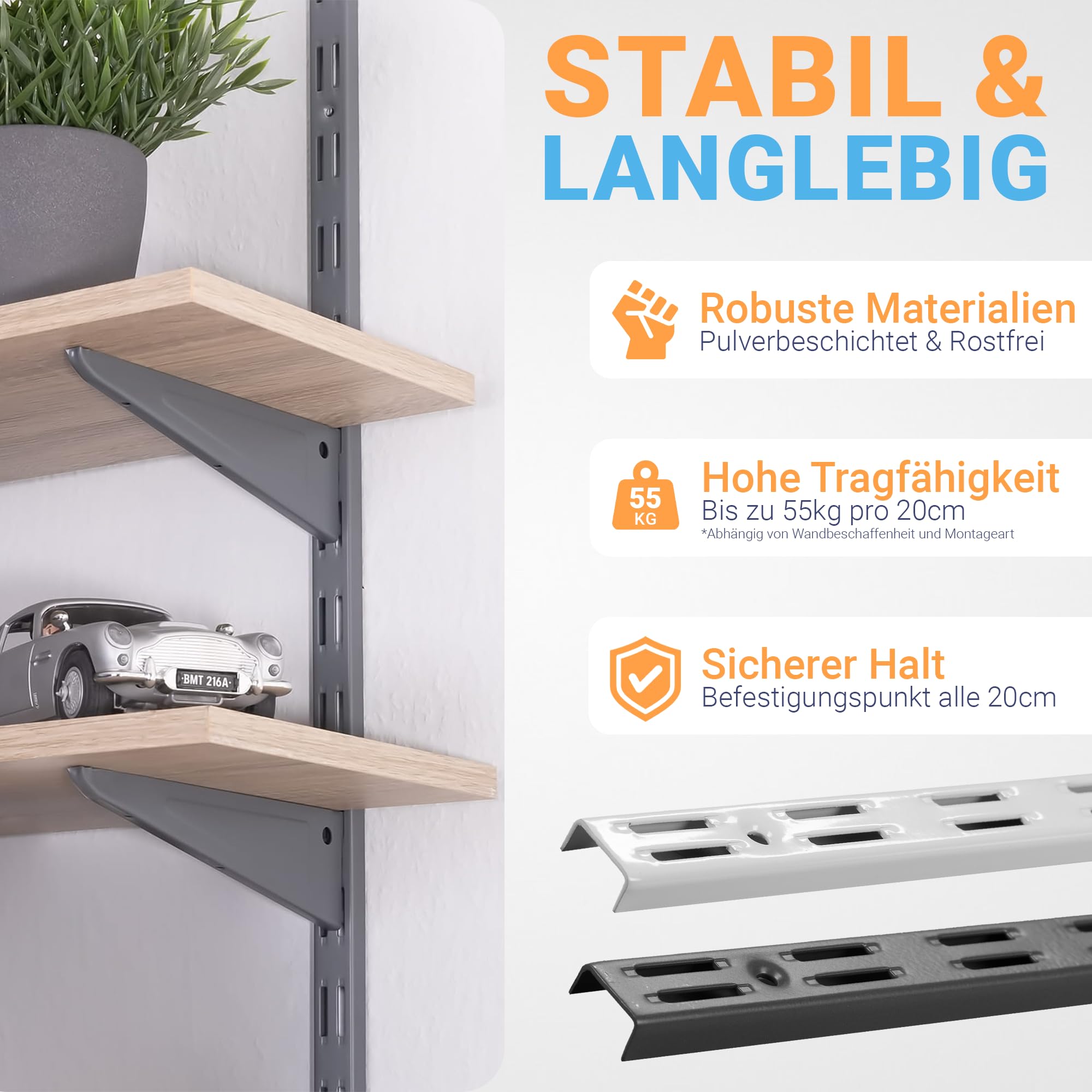 Wandschienen 2-reihig · Länge: 150cm · Farbe: Anthrazit · Menge: 10 · Regalsystem Wandschiene für Regalhalter · Wandregal Schienensystem für Regalträger