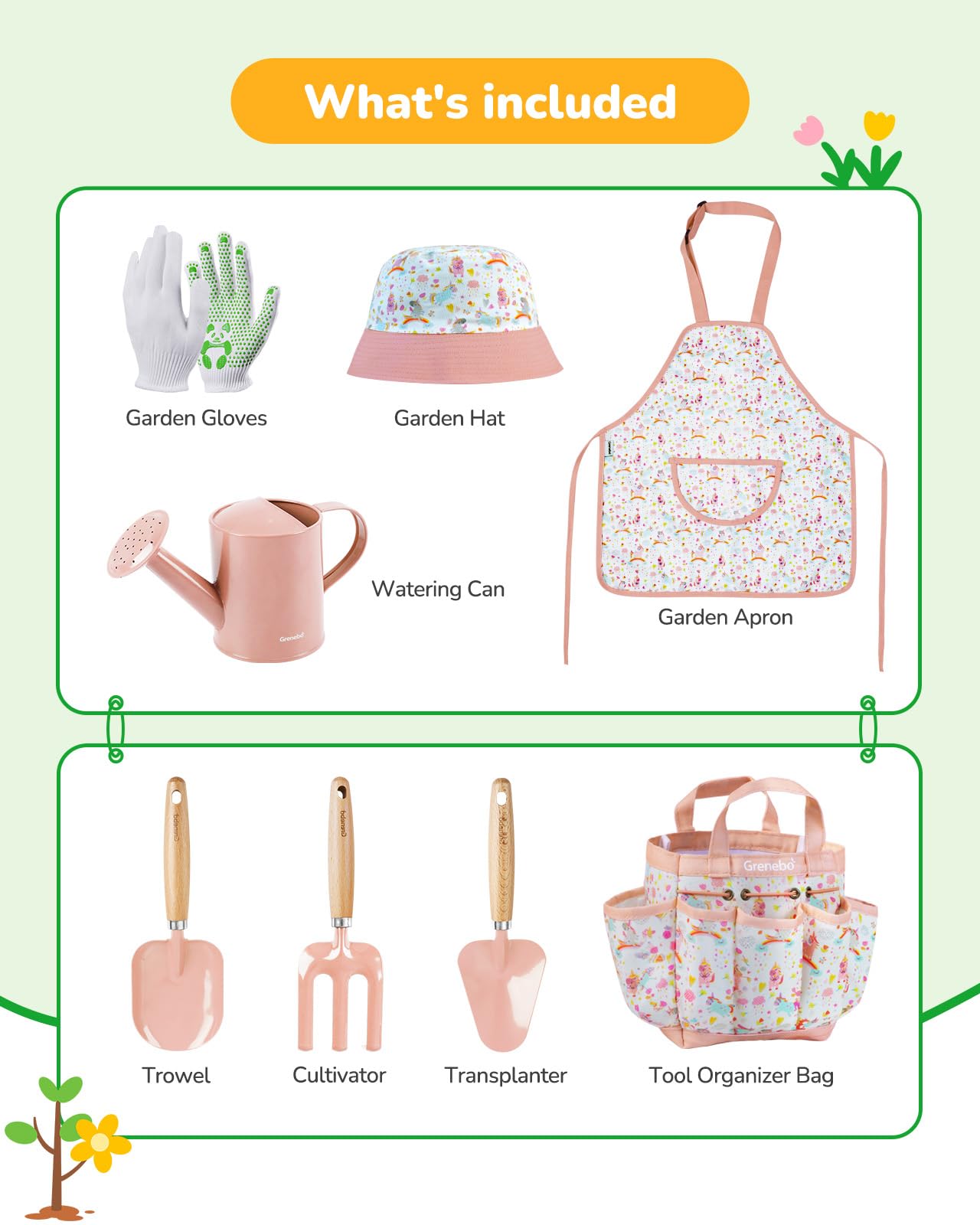 Kids Gardening Tool Set, Sturdy Metal & Wooden Tools for Ages 3-12 with Shovel, Rake, Watering Can, Gloves - Image 2