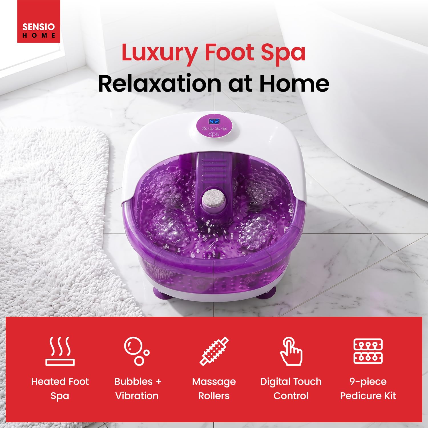 Sensio - Masajeador de pies de lujo para spa y pedicura, control digital de temperatura con pantalla táctil, nueve pedicura más tres accesorios de masaje, mima tus pies con calor, burbujas y