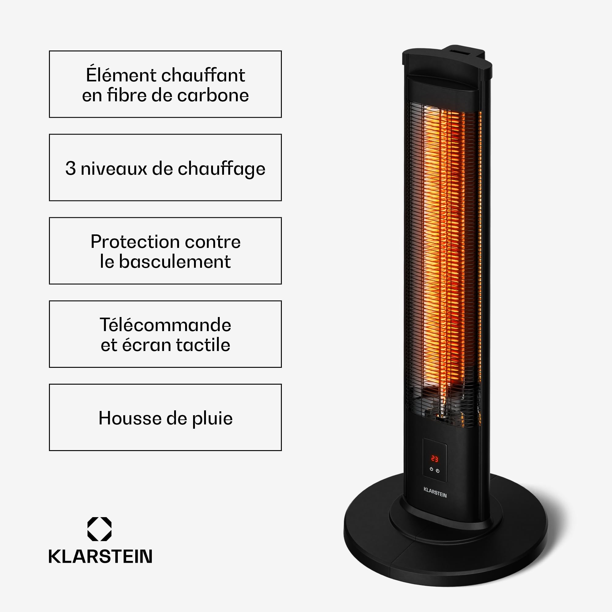Klarstein BlazeTower Chauffage Infrarouge sur Pied - 2000W, 3 Niveaux, IP45, Télécommande, Minuterie, Protection Anti-Basculement - Radiateur Infrarouge Extérieur Terrasse