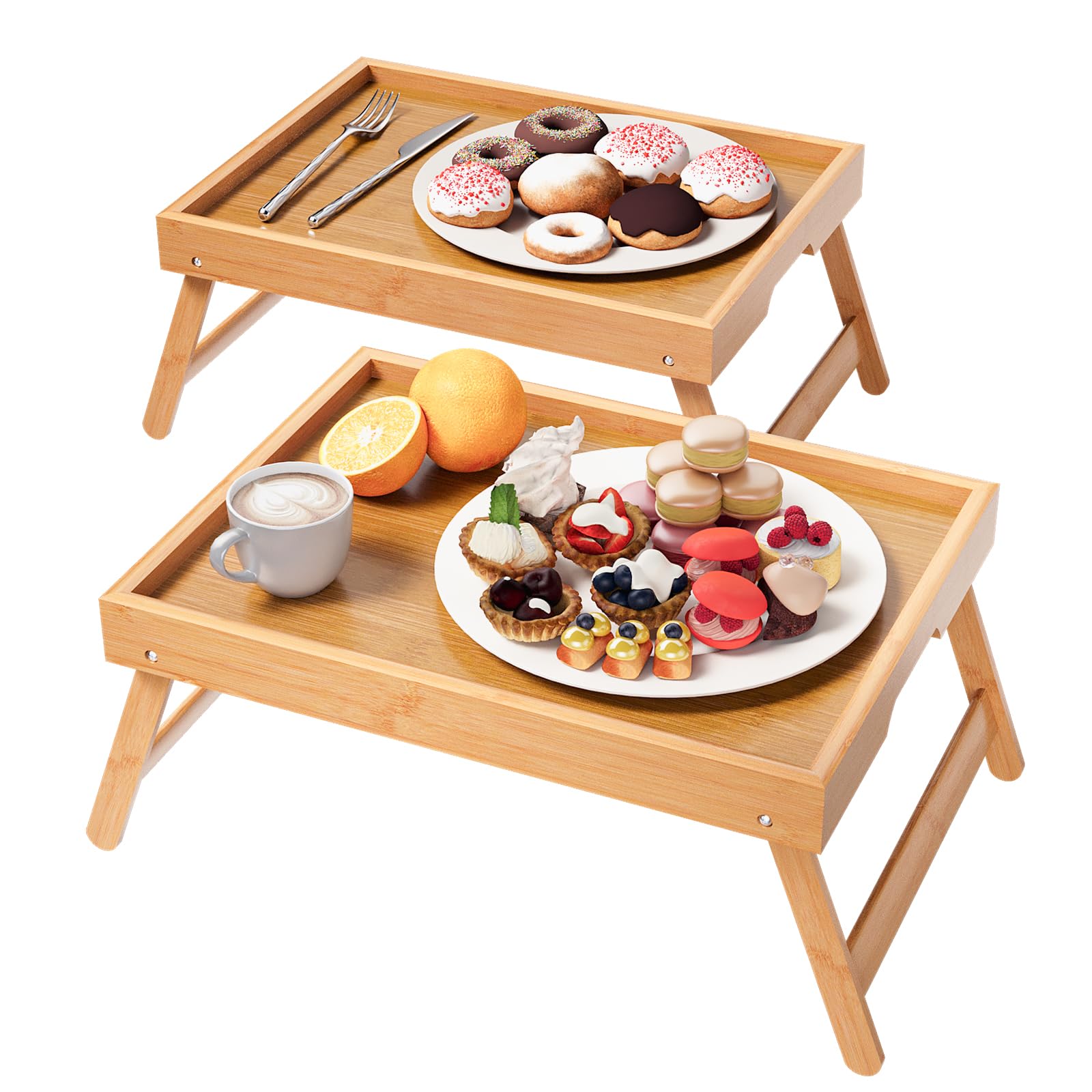 Fibogollo 2er Pack Betttablett mit klappbaren Beinen, Bambus Frühstückstabletts, Serviertablett Betttisch für Essen and Snack, Laptoptabletts zum Arbeiten (Natur)