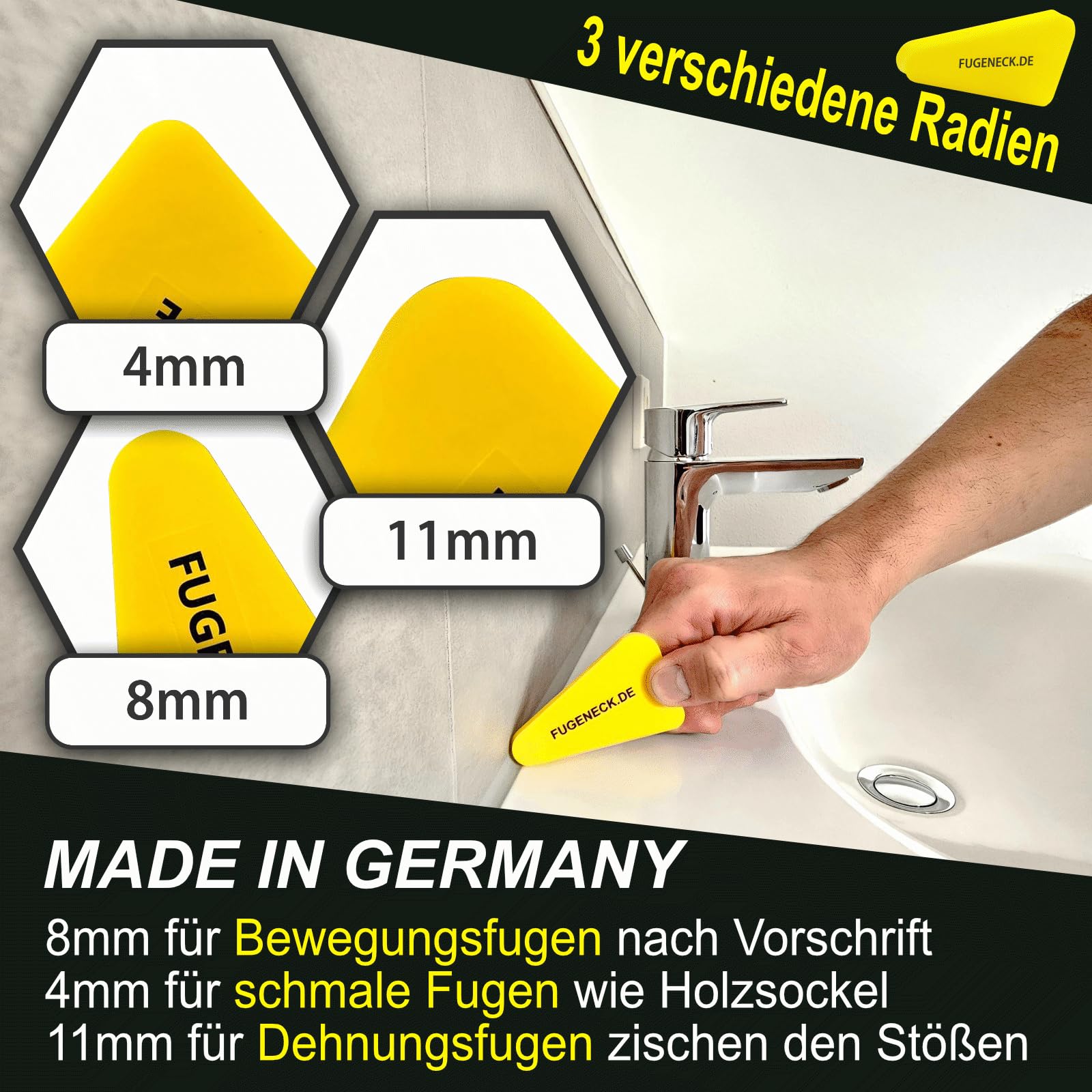 Estrattore professionale per fughe – design unico con bordi speciali – 3 diverse dimensioni – Strumento acrilico e silicone dalla Germania (1 pezzo giallo)