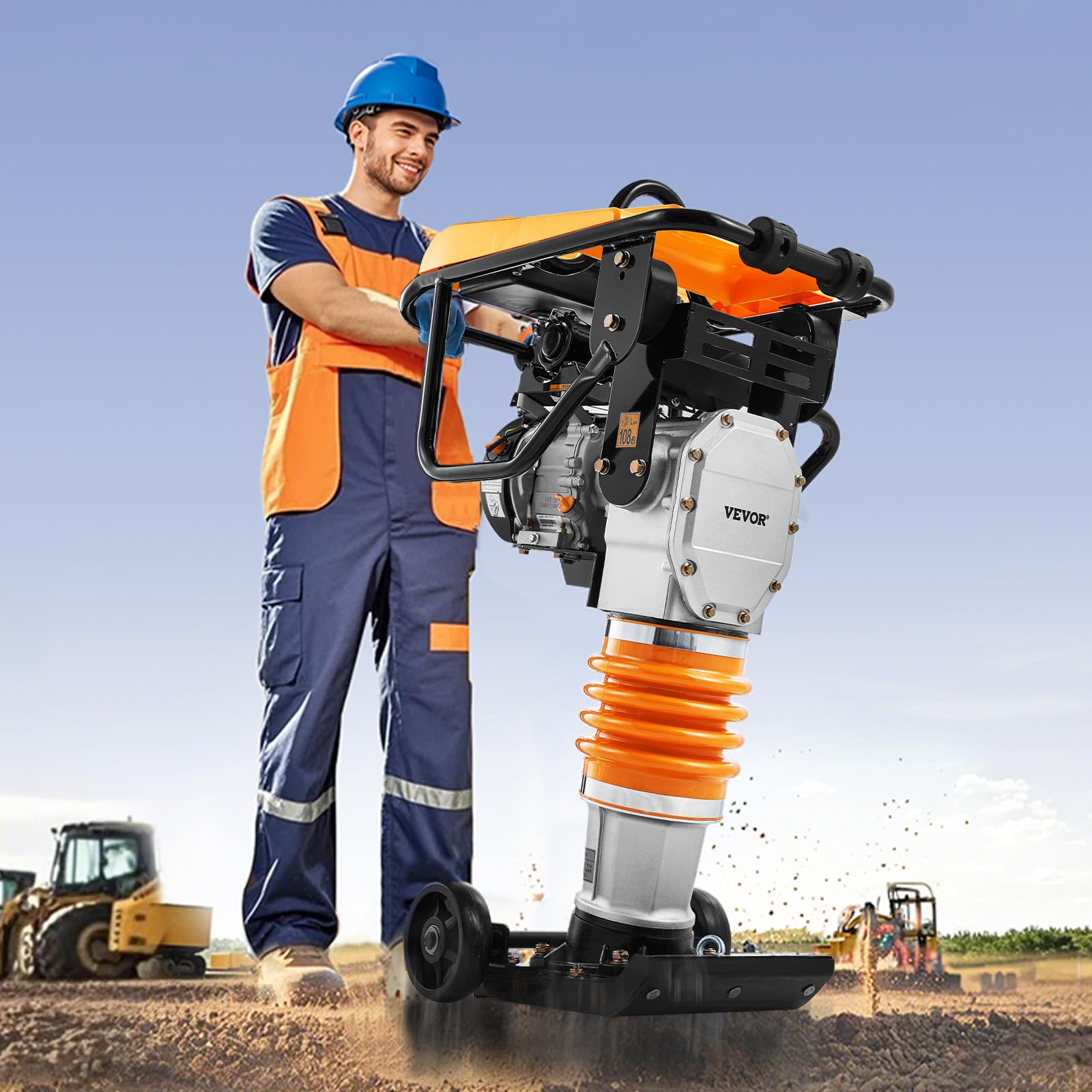 VEVOR Compactador de Gato de Salto Apisonador Vibratorio 6,5 HP con Motor de 196cc a Aombustible Fuerza de Impacto de 1632 kg para Suelo, Grava, Cimientos, Losas de Hormigón, 740 x 465 x 1080 mm