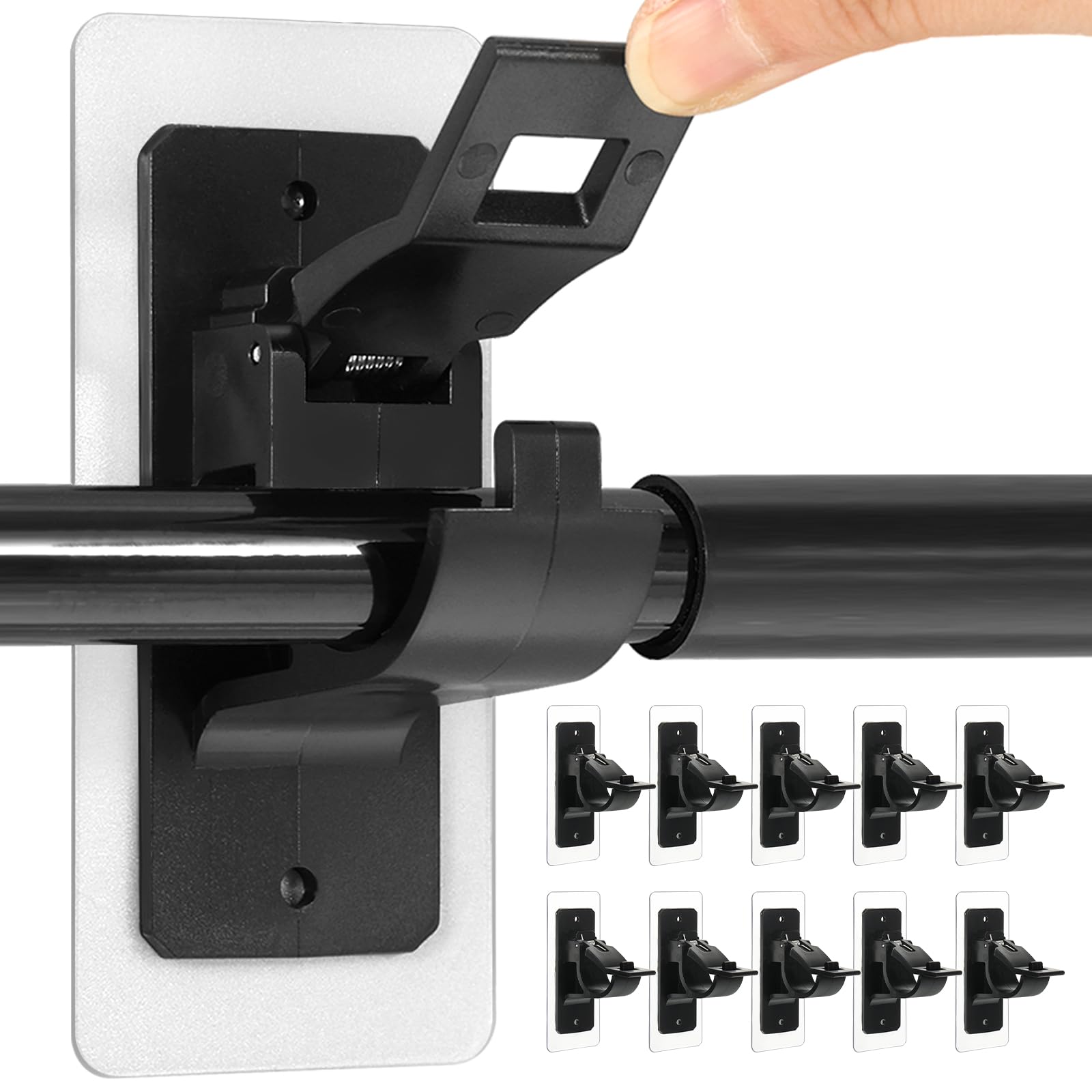 10 Pcs Curtain Pole Brackets No Drill Curtain Rod Holders Self-Adhesive Drapery Hook Holder for Bathroom Kitchen and Bedroom, Black