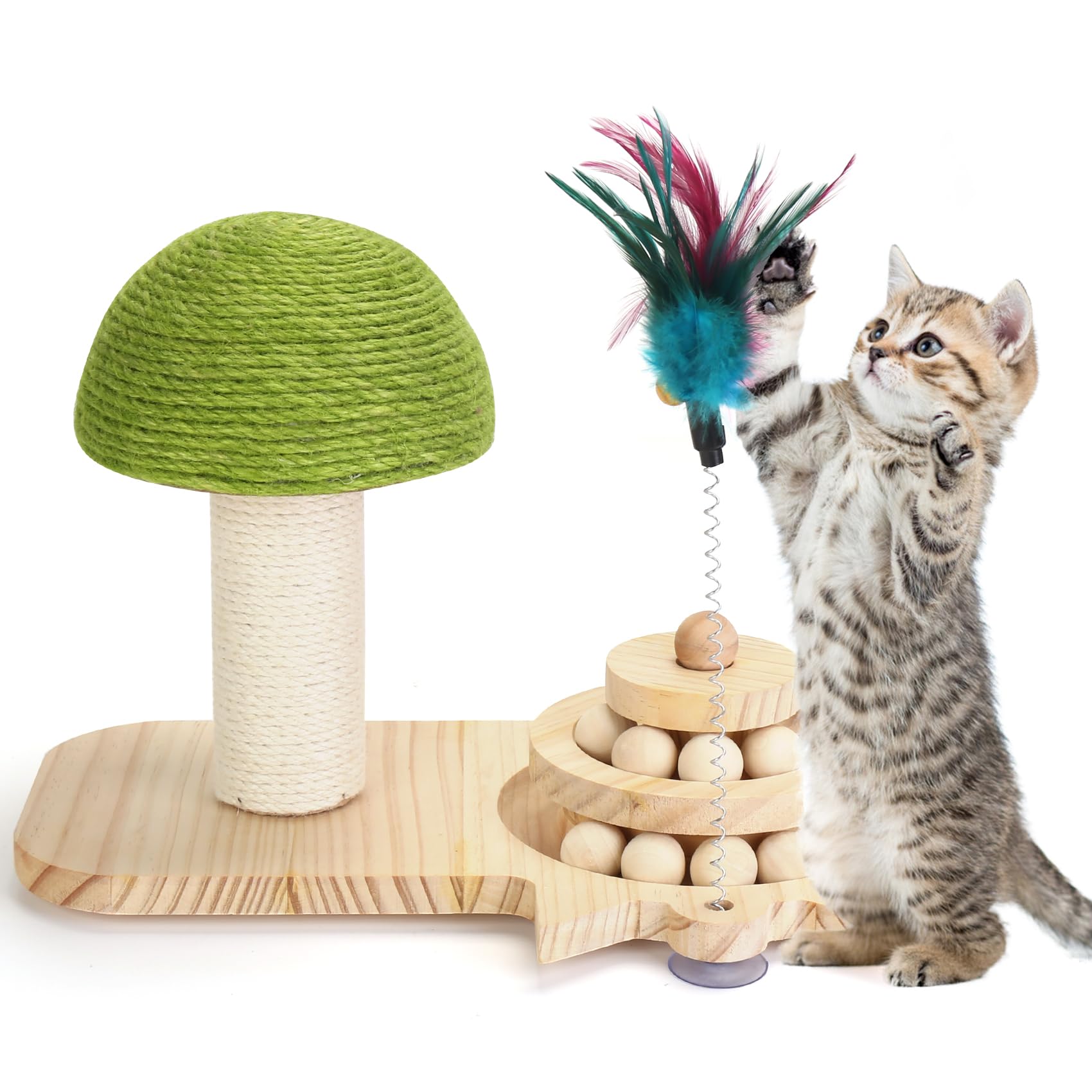 Cat Scratching Post, Sisal Mushroom Scratcher, Interactive Cat Toy with Ball and Bell Feather for Kittens and Small Cats