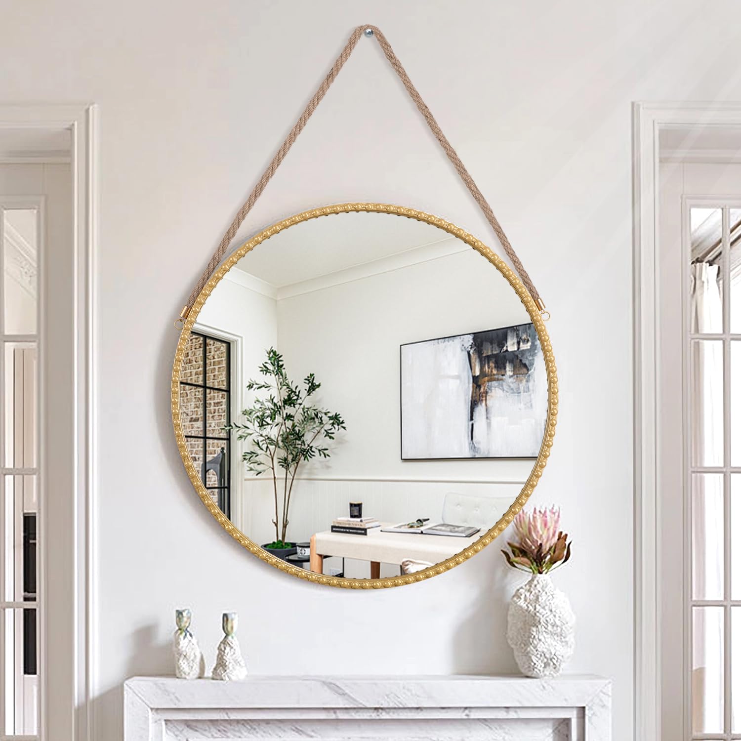 Lzuso Hanging Mirror with Rope Modern Circle Metal Framed Round Mirrors with Beaded for Bathroom Living Room Home Entryway Gold 70x70cm