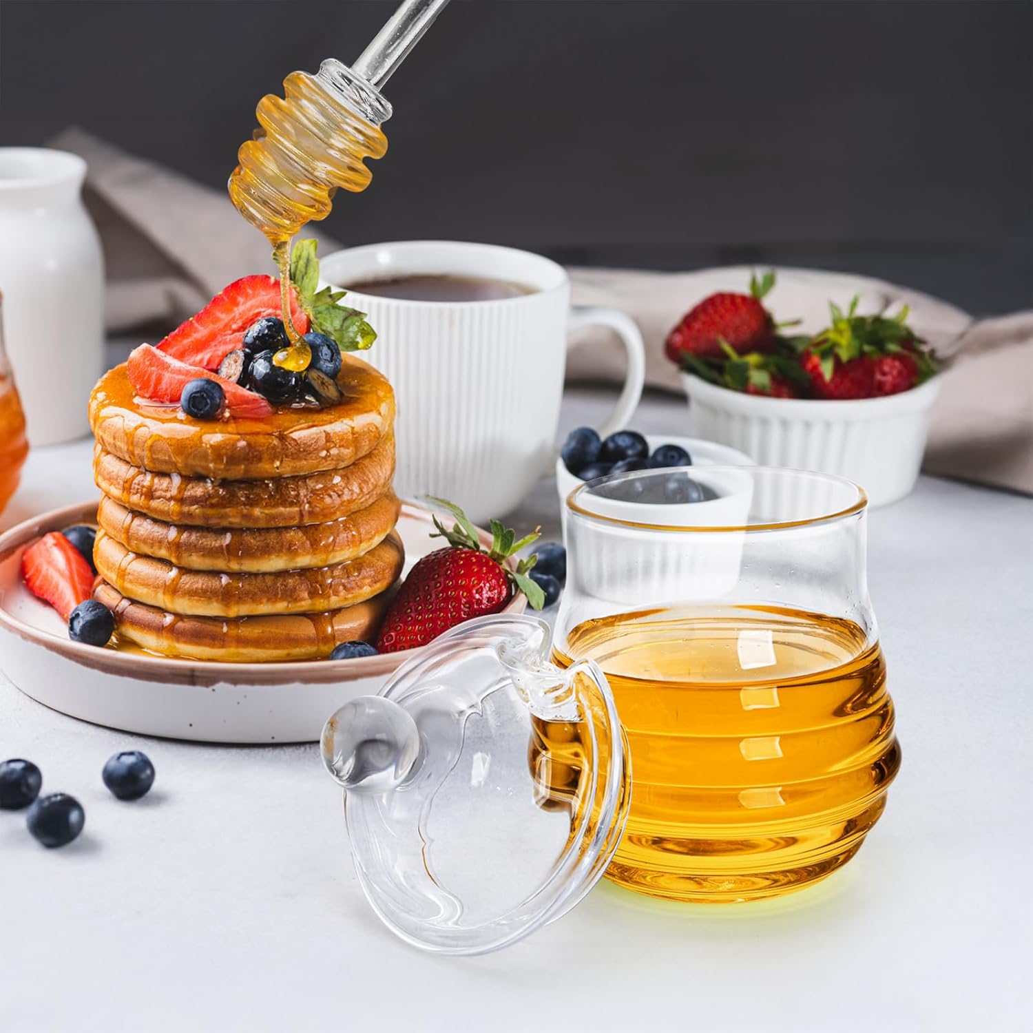 Lawei Glass Honey Jar with Dipper and Lid, 10 OZ Heat-Resistant Bee Hives Honey Pot, Clear Glass Honey Container for Store Honey and Syrup, Home and Kitchen, Easy to Clean, Dishwasher Safe