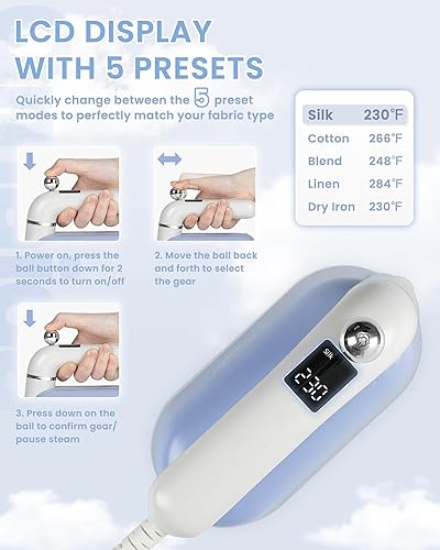 Miniatura 3 de Vaporizador y plancha para ropa, vaporizador portátil 2 en 1 de 1500 W de mano, 5 modos con pantalla LCD, calentamiento rápido de 30 segundos, mango