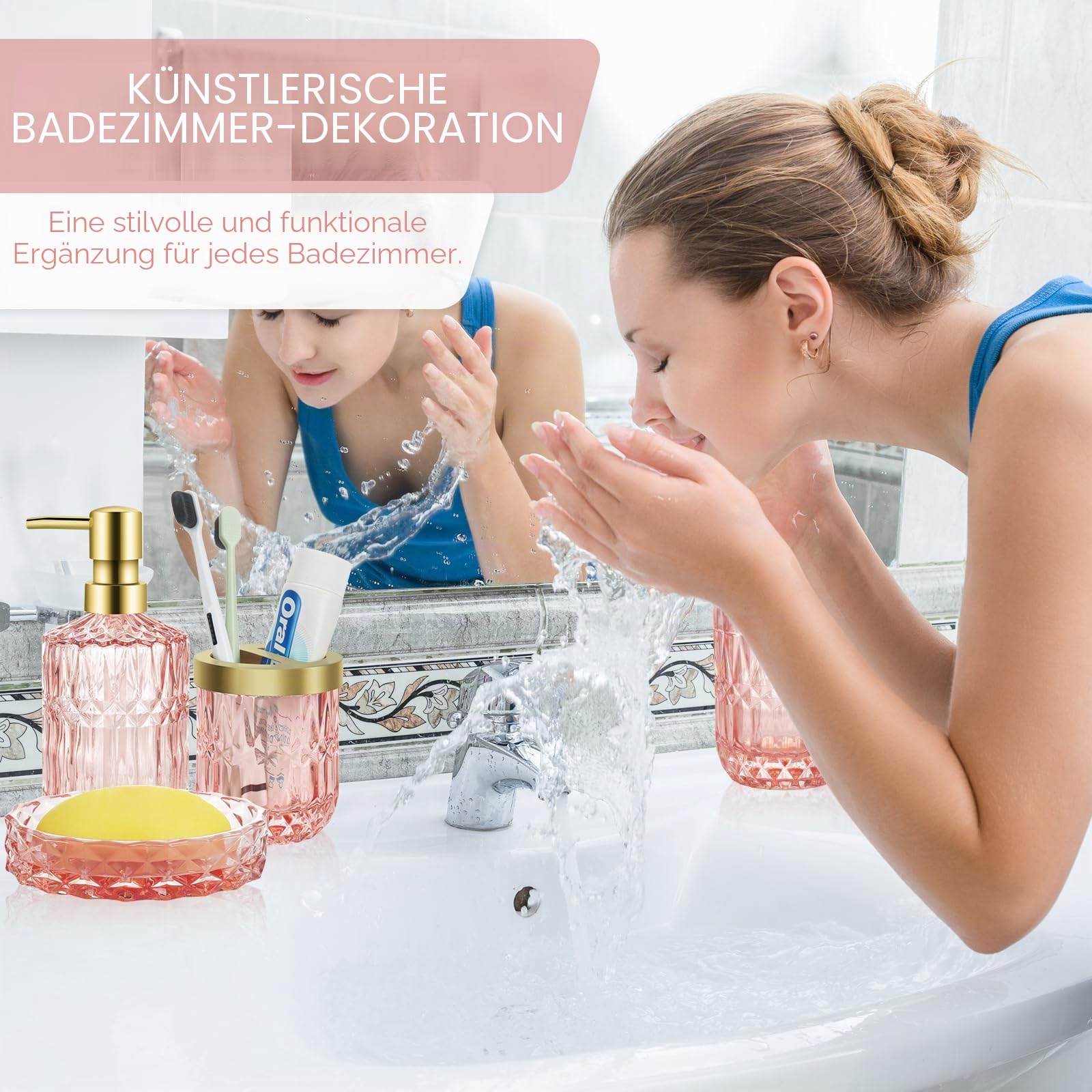 5 Stück Glas Badezimmer Zubehör Sets, Rosa Seifenspender Set mit Seifenspender, Seifenschale, Zahnbürstenhalter, Wattestäbchen Kanister, Becher, Badezimmer Deko Set, Badezimmer Organizer
