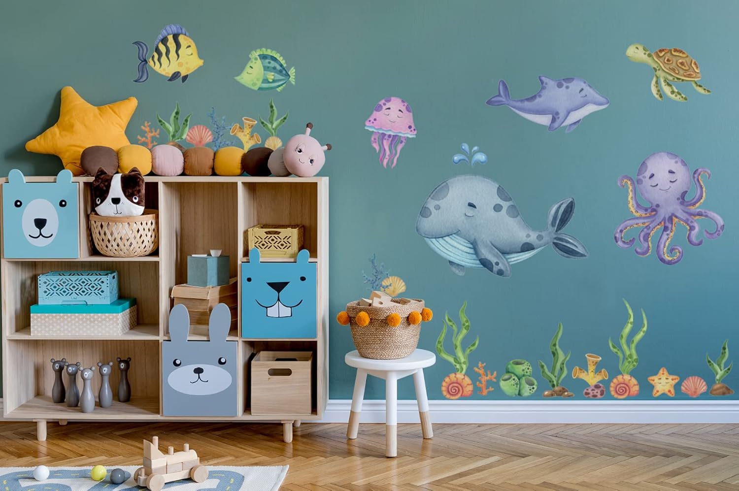 Murwall Kids Undersea Wall Decal Cute Whale with Sea Animals Wall Stickers Little Fish with Seaweed Wall Decals