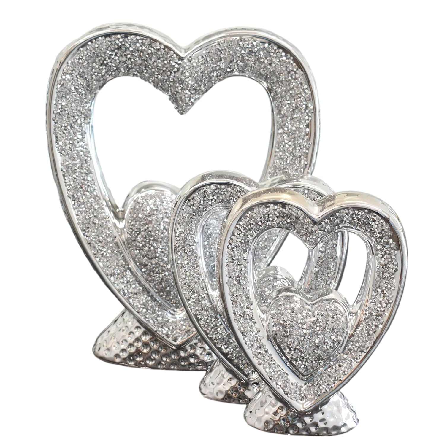 SHABJY Set of 3 Silver Sparkle Heart Ornaments – Crushed Diamond Ceramic Heart Sculpture Gift – Handmade Home Decor for Wedding, Anniversary, Birthday Size: H:25cm x W:20cm D:6.5