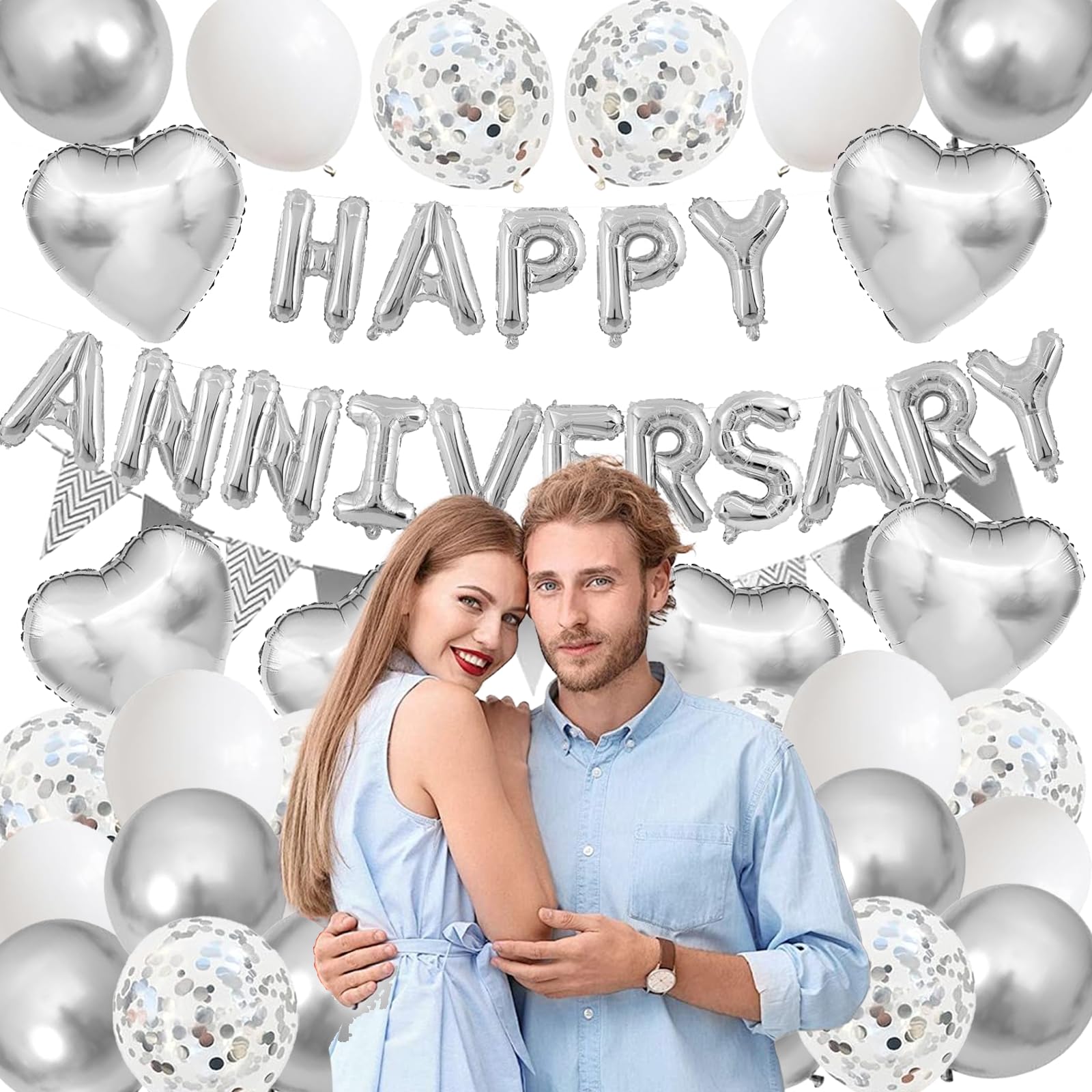 Happy Anniversary Decorations, 48Pcs Silver Romantic Wedding Decoration Set including Heart Foil Balloon - Image 4