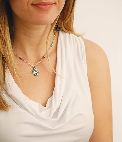 Michal Golan Blue Crystal Star of David Hamsa Necklace in Sterling Silver. Jewish Girl Gift Ideas: Bat Mitzvah, Hanukkah, Birthday.