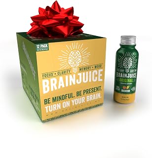 BrainJuice Brain Support Shot, Gluten Free Supplement Shots for Energy & Focus, Healthy Drinks with Alpha GPC, Vitamin B & Organic Green Tea Extract Caffeine, Peach Mango, 2.5 fl oz, 12 Pack