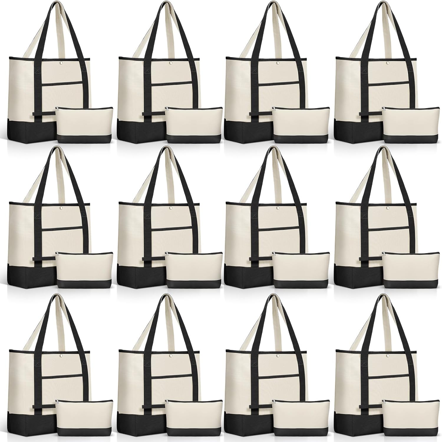 Sanwuta 24 Pcs Canvas Tote Bags Bulk with Outer Pocket and Makeup Pouch 18'' Reusable Grocery Bags with Handles for Women Beach DIY (Black)