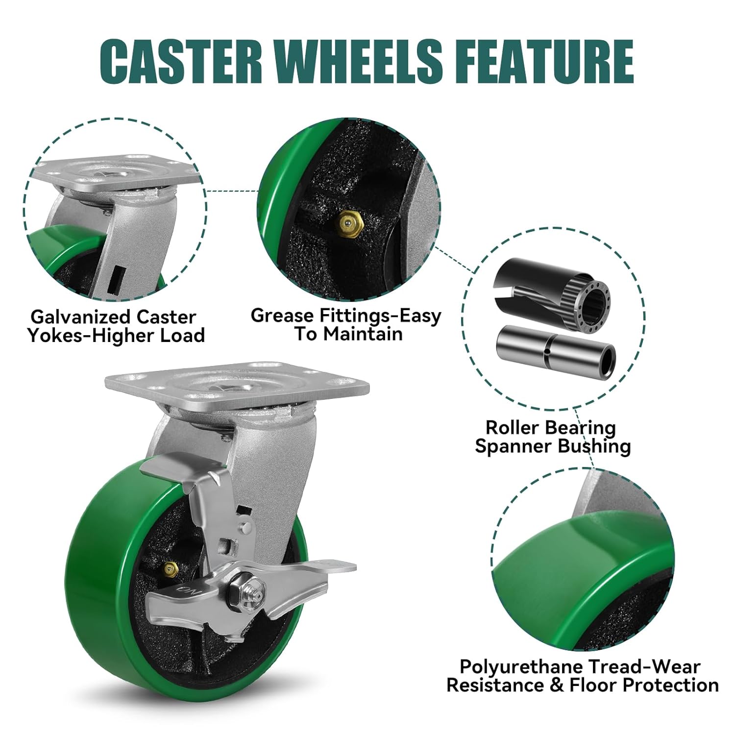 5" X 2" Industrial Heavy Duty Casters Set of 4,Polyurethane Tread Cast Iron Casters,Caster Wheels for Toolboxes, Tool Carts and Heavy Equipment- 4000 Lbs Capacity Per (2 Brake & 2 Swivel)