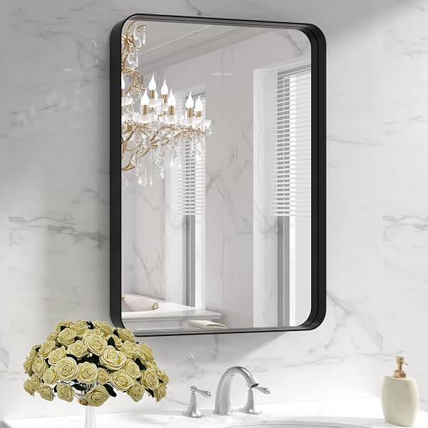 LOAAO Black Metal Framed Bathroom Mirror for Wall, 22X30 Inch Rounded Rectangle Mirror, Matte Black Bathroom Vanity Mirror Farmhouse, Anti-Rust, Hangs Horizontally or Vertically - 1