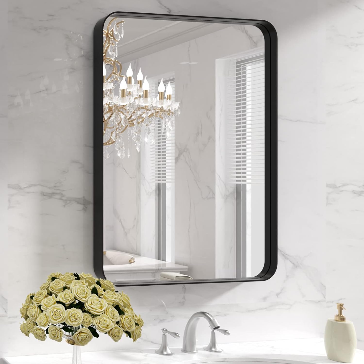 LOAAO Black Metal Framed Bathroom Mirror for Wall 22X30 Inch Rounded Rectangle Mirror Matte Black Bathroom Vanity Mirror