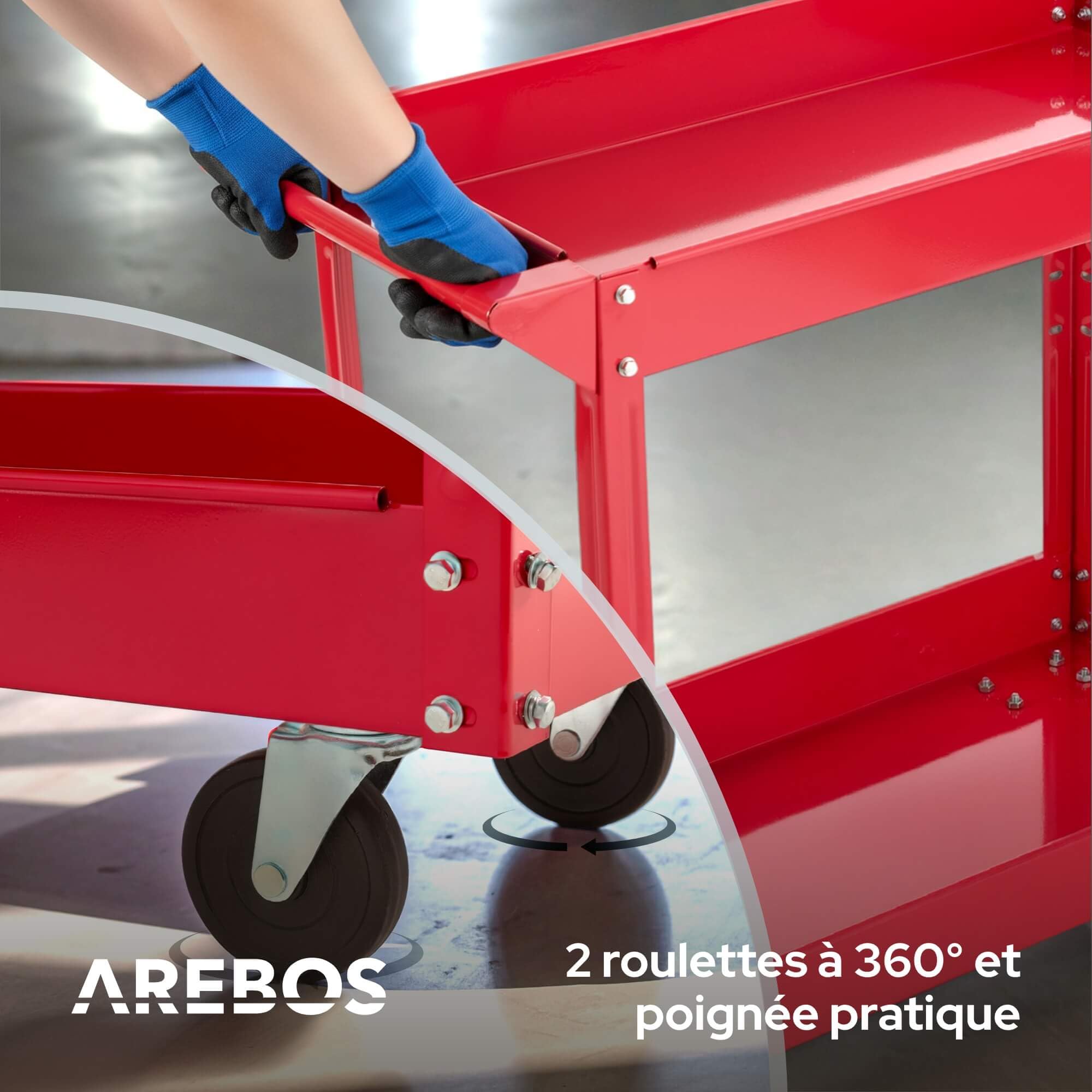Arebos Servante d’Atelier 2 Étages | Chariot à Outils en Acier | Capacité de Charge Jusqu’à 100 kg | Mobile et Robuste | Rouge