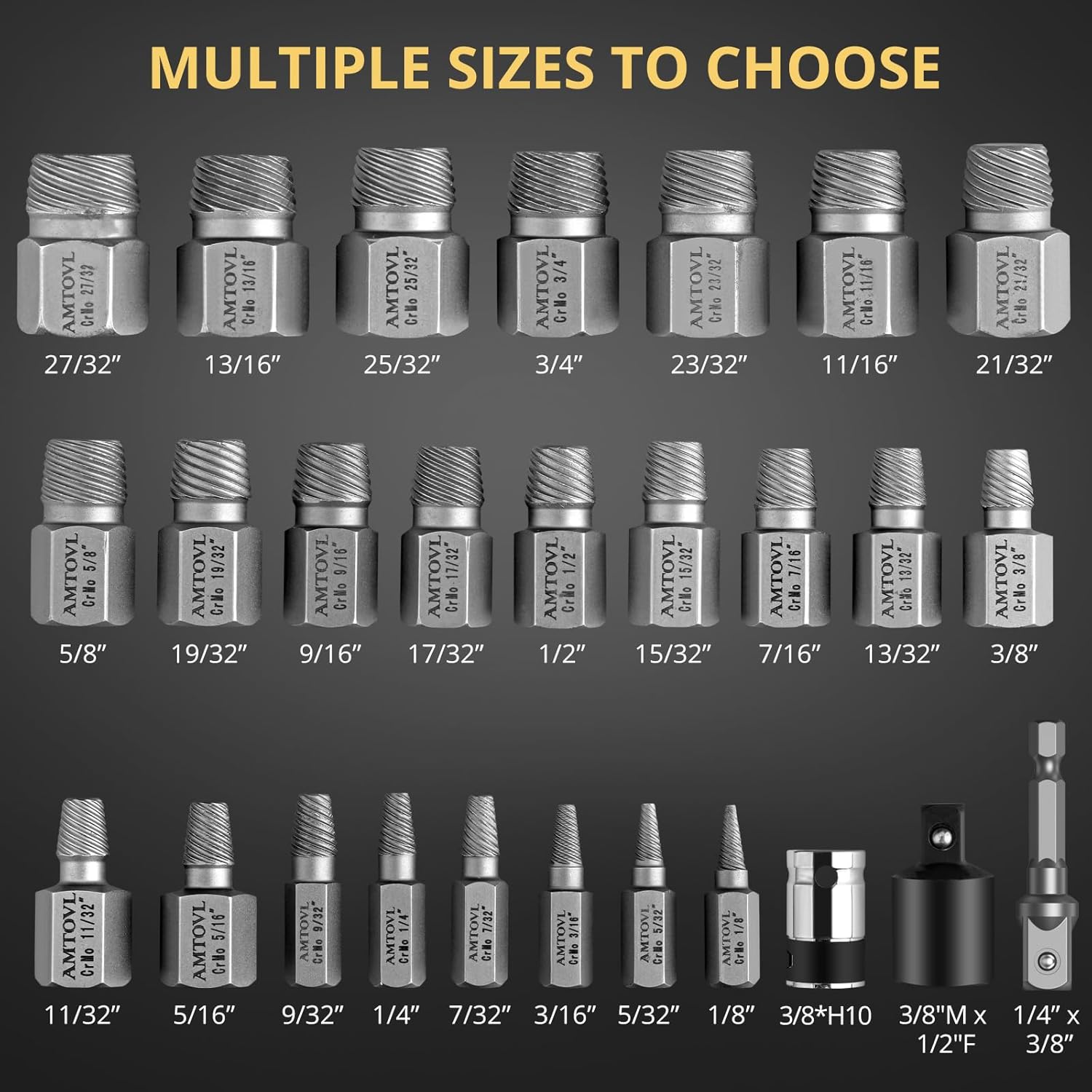 AMTOVL 27PCS Screw Extractor Set - with Adapter Hex Head Multi-Spline Easy Out Bolt Extractor Tool, 1/2" 3/8" Inch Drive Hex Head