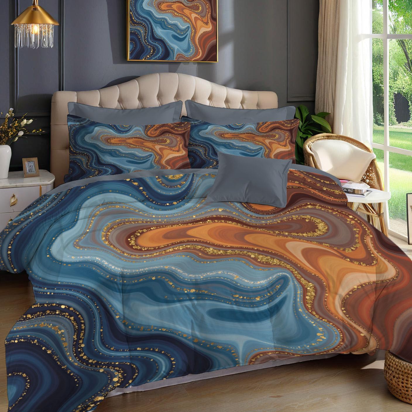 Housse de couette 240x260 feuille d'or, parure de lit en microfibre chic pour adulte