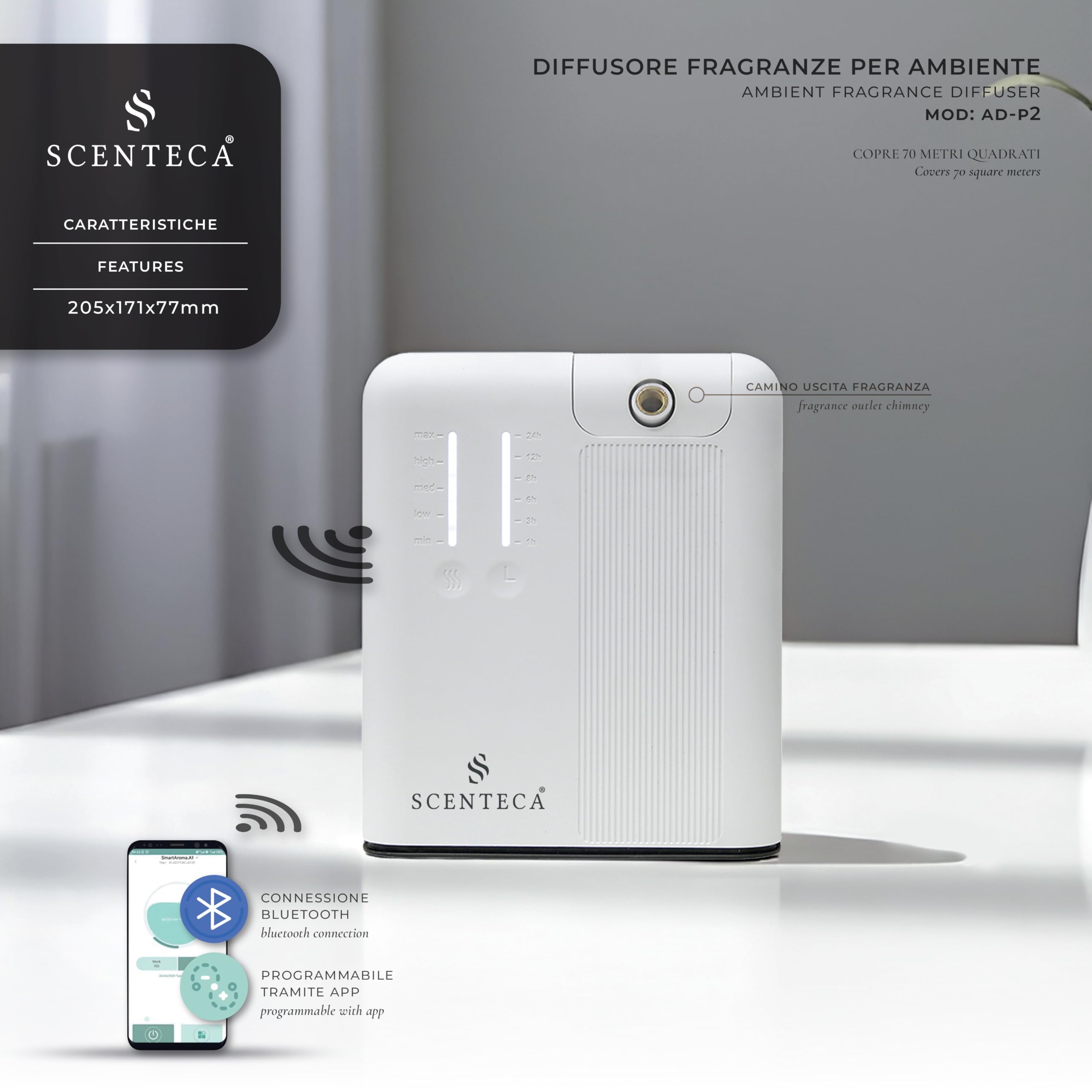 SCENTECA Diffusore elettrico di oli essenziali AD-P2 fragranza Summer Scent inclusa, nebulizzazione senza acqua, programmabile via App, copertura fino a 70 m² (100 ml)