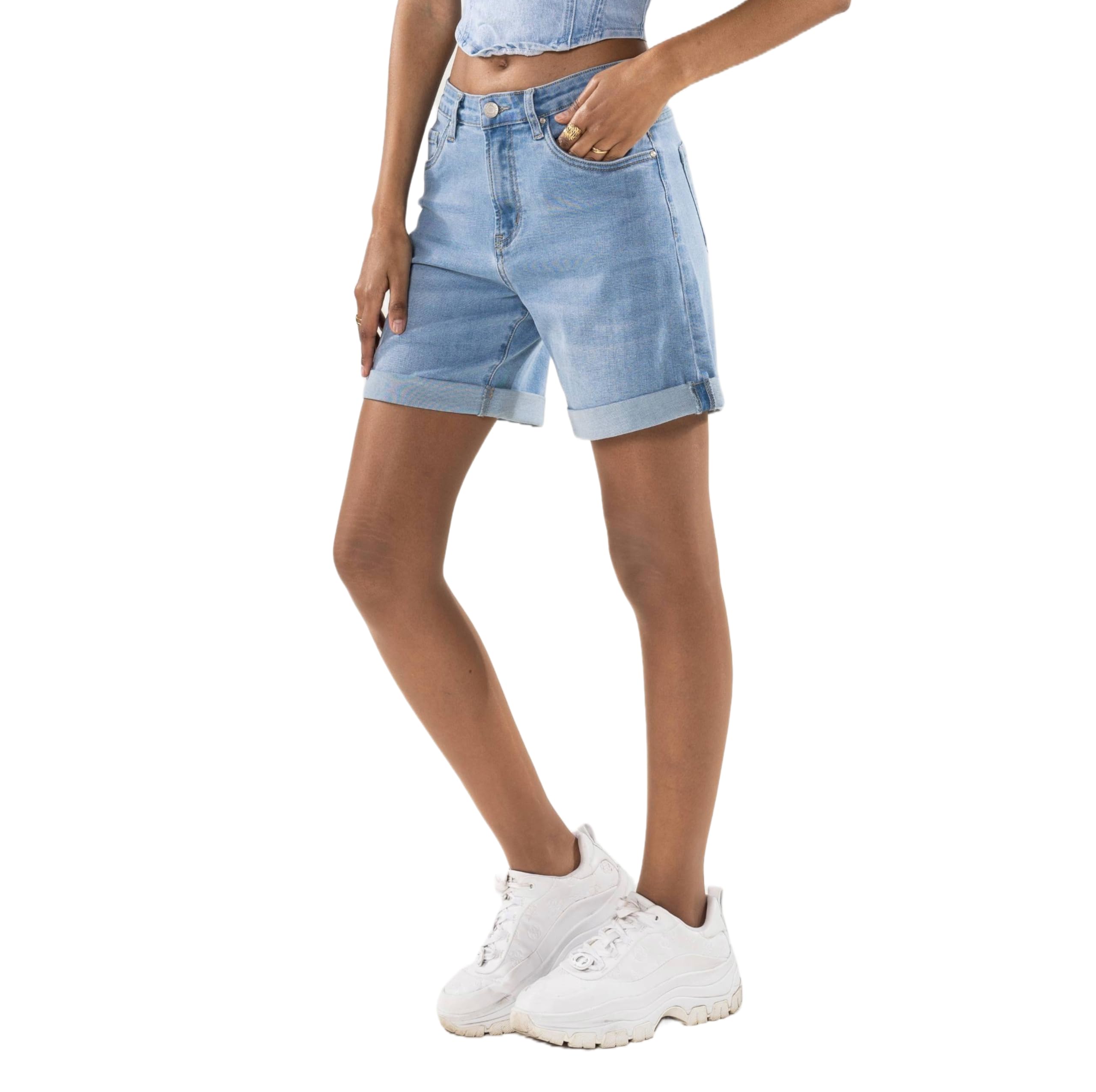 Nina Carter P208 Pantalones vaqueros cortos de cintura alta para mujer, aspecto desgastado, medio muslo, pantalones cortos de verano