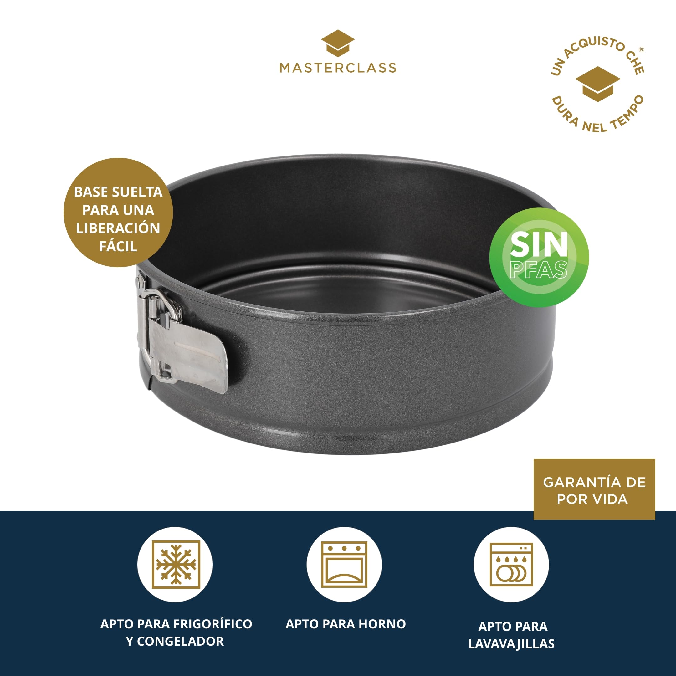 MasterClass Molde de 20 cm con PTFE, PFOA y BPA libre de antiadherente, robusto de 1 mm de espesor de acero al carbono y base suelta, 8 pulgadas de pan redondo, gris