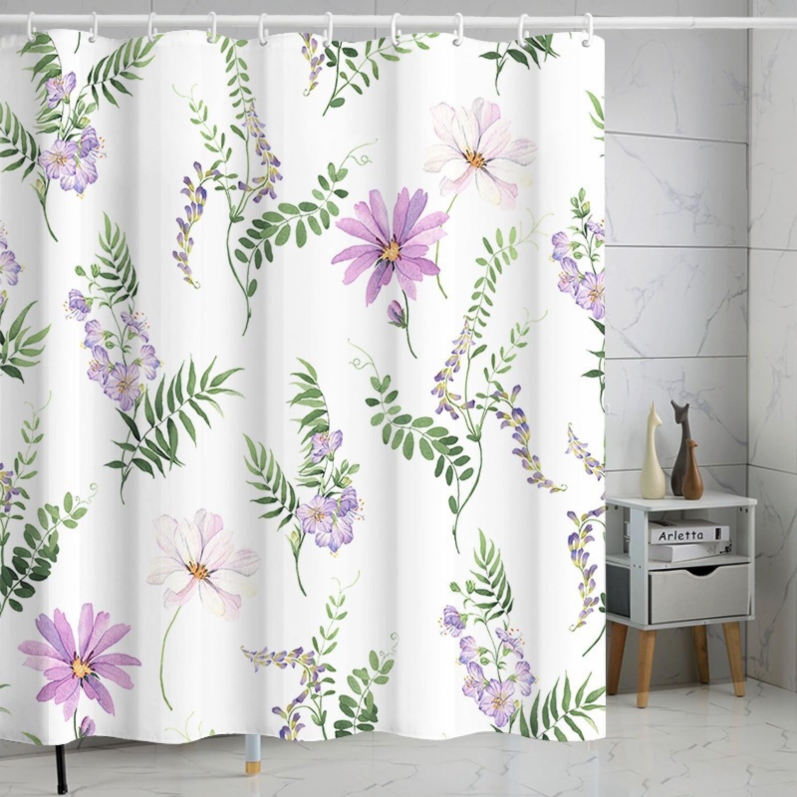 Shower Curtains Leaves Green Purple Wet Room Shower Curtain Mould Proof Resistant Waterproof Polyster Fabric Washable with 12 Hooks Garden Bathroom Curtains (180x180cm)