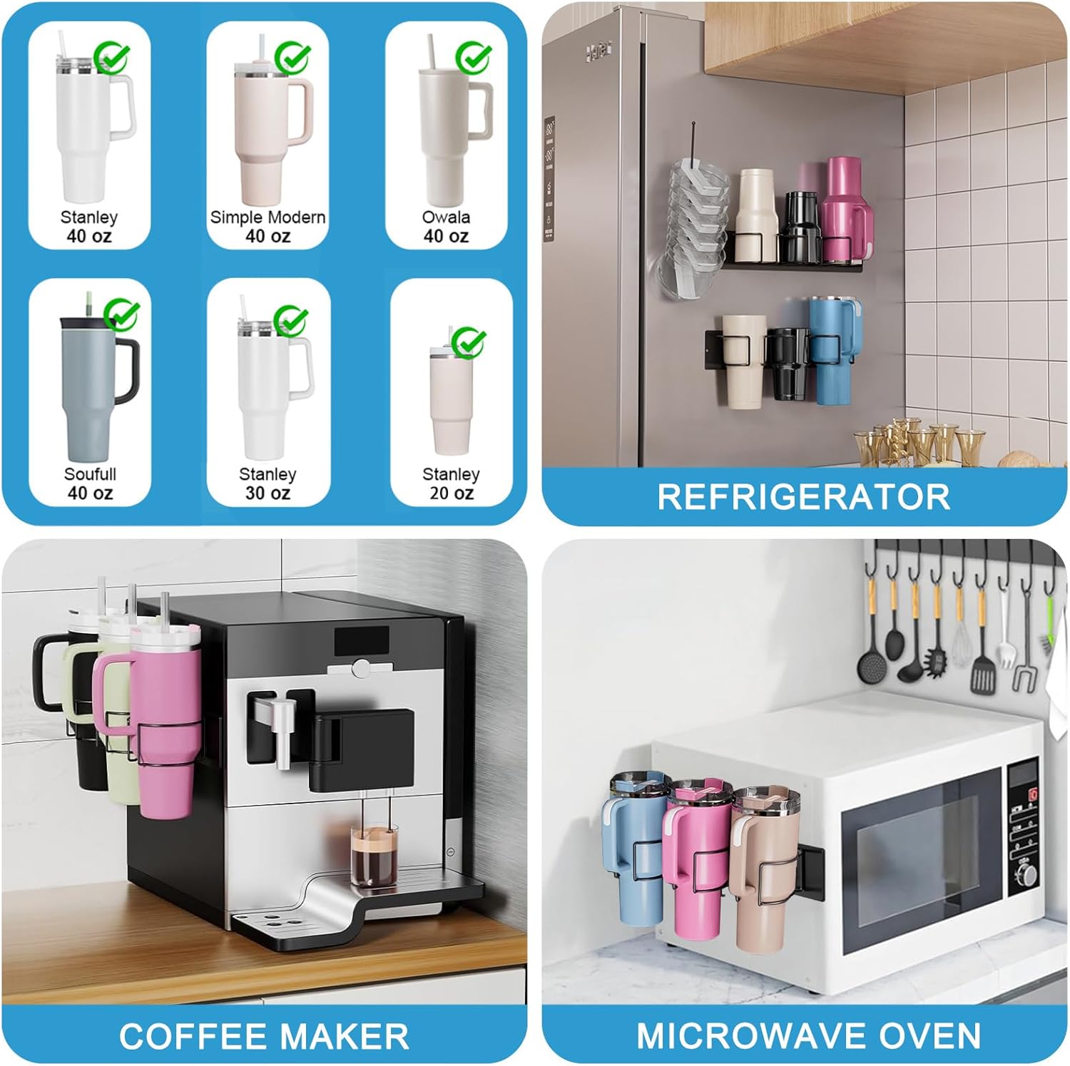 Water Bottle Organizer Holder for Stanley 40/30/20 oz, 2 Pack Strong Magnetic Cup Accessories, Kitchen Fridge Cabinet Metal Storage Rack, Easy Installation (Black, 6 Bottles) (black) - Image 3