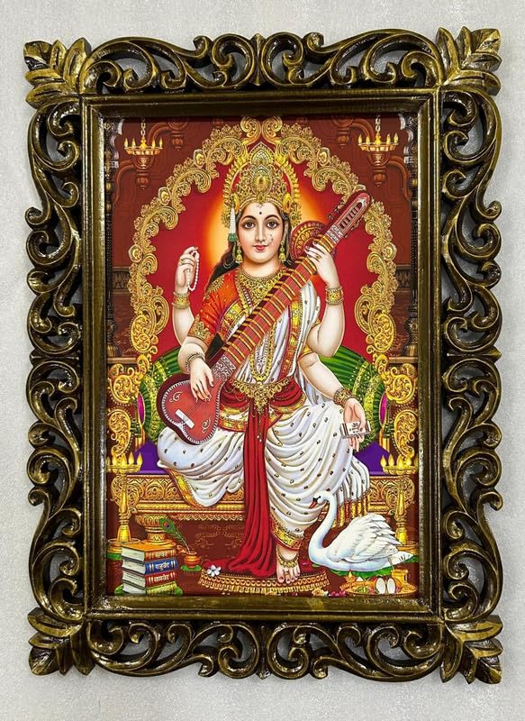 Cadre Saraswati Maa en bois poli : résout le manque d'inspiration déco spirituelle