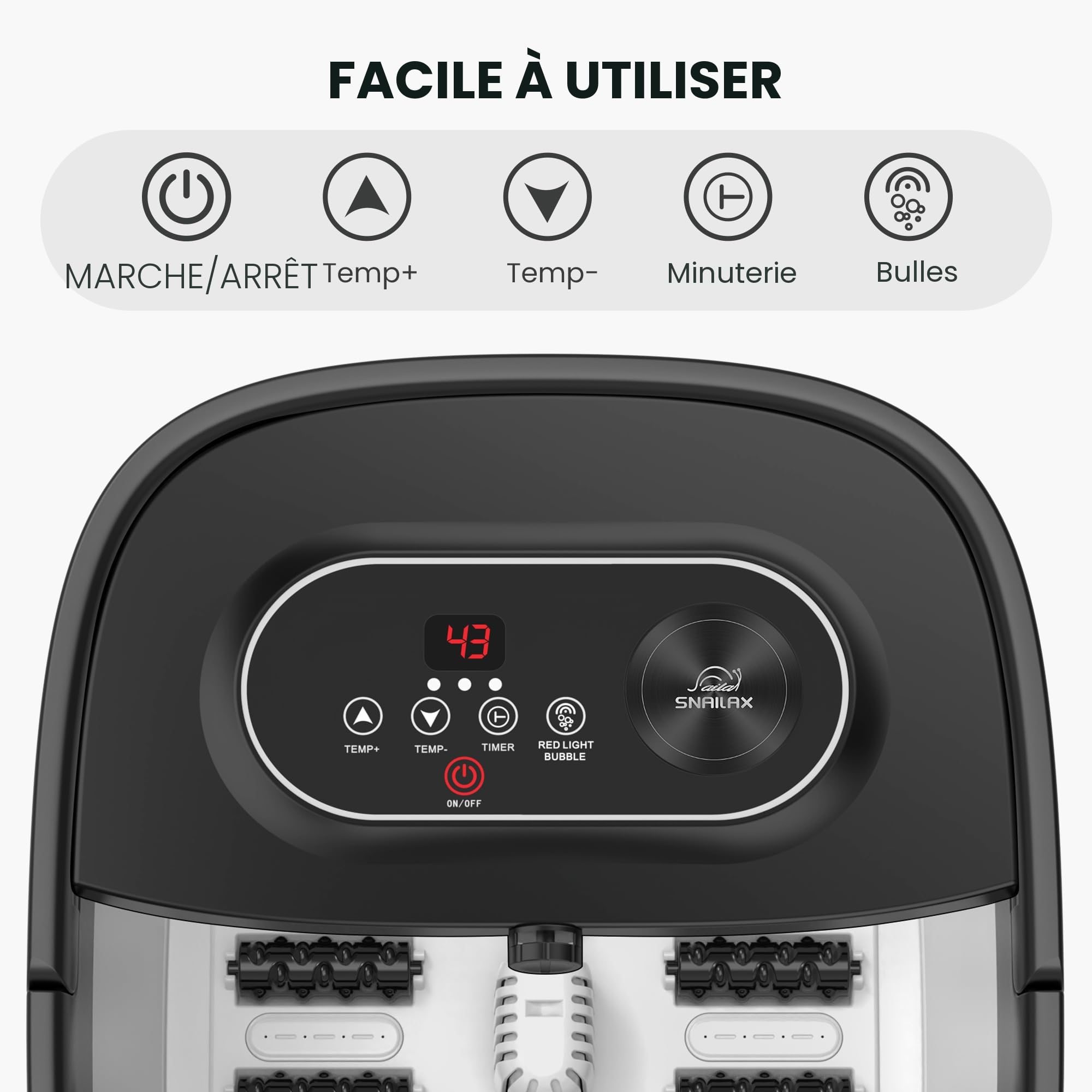 Snailax Bain de Pieds Pliable avec Chauffage et Massage, Spa Pour Pieds avec 14 Niveaux de Chauffage | Rouleaux Shiatsu | Bulles | Lumière Rouge | Minuterie, Massage Pieds Spa 35℃-48℃