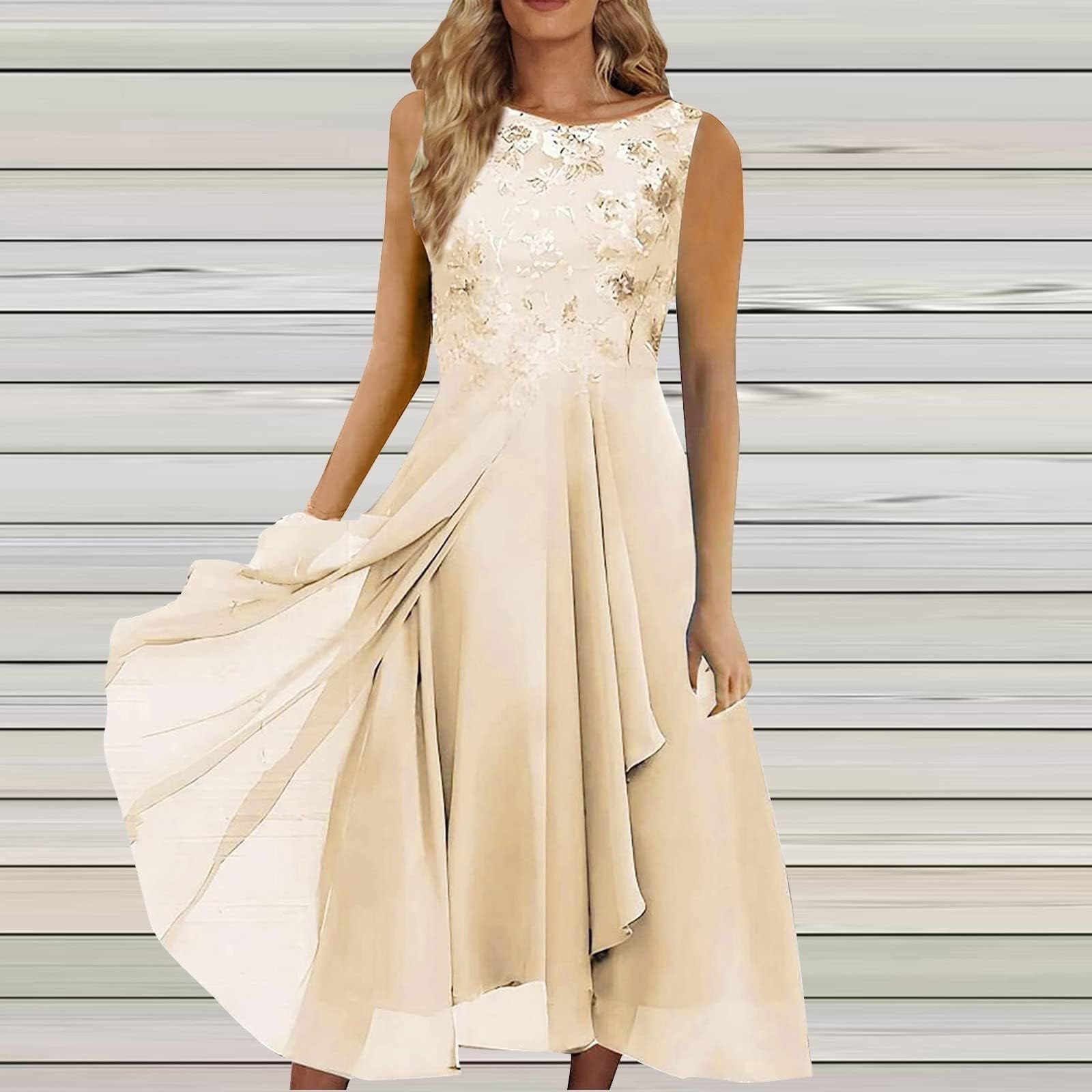 Robe Longue en Mousseline de Soie Fendue à col Rond et Dentelle ajourée pour Femme, Robe de soirée pour Demoiselle d'honneur Robe Courte Demoiselle D Honneur