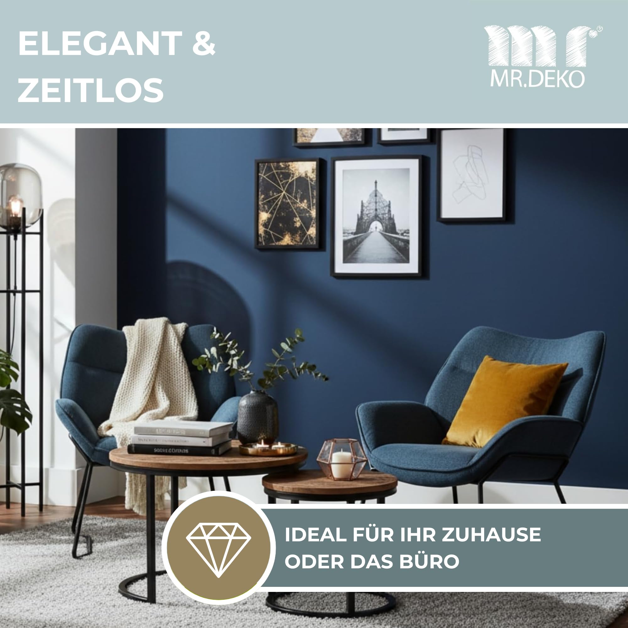 MR. DEKO Wohnzimmer Set Aliano Blau | Sessel-Set 2er mit Armlehnen & Beistelltisch Fermo Mangoholz | Polstersessel Stoff | Lounge-Set Wohnzimmer | Modernes Wohnmöbel-Set |2 Holztische rund