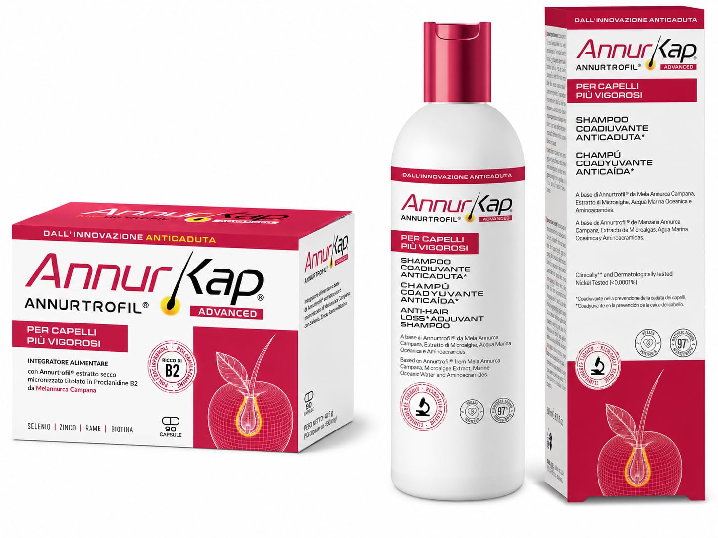 AnnurKap ADVANCED Integratore per Capelli | 1 x 90 Capsule + 1 shampoo 200ml
