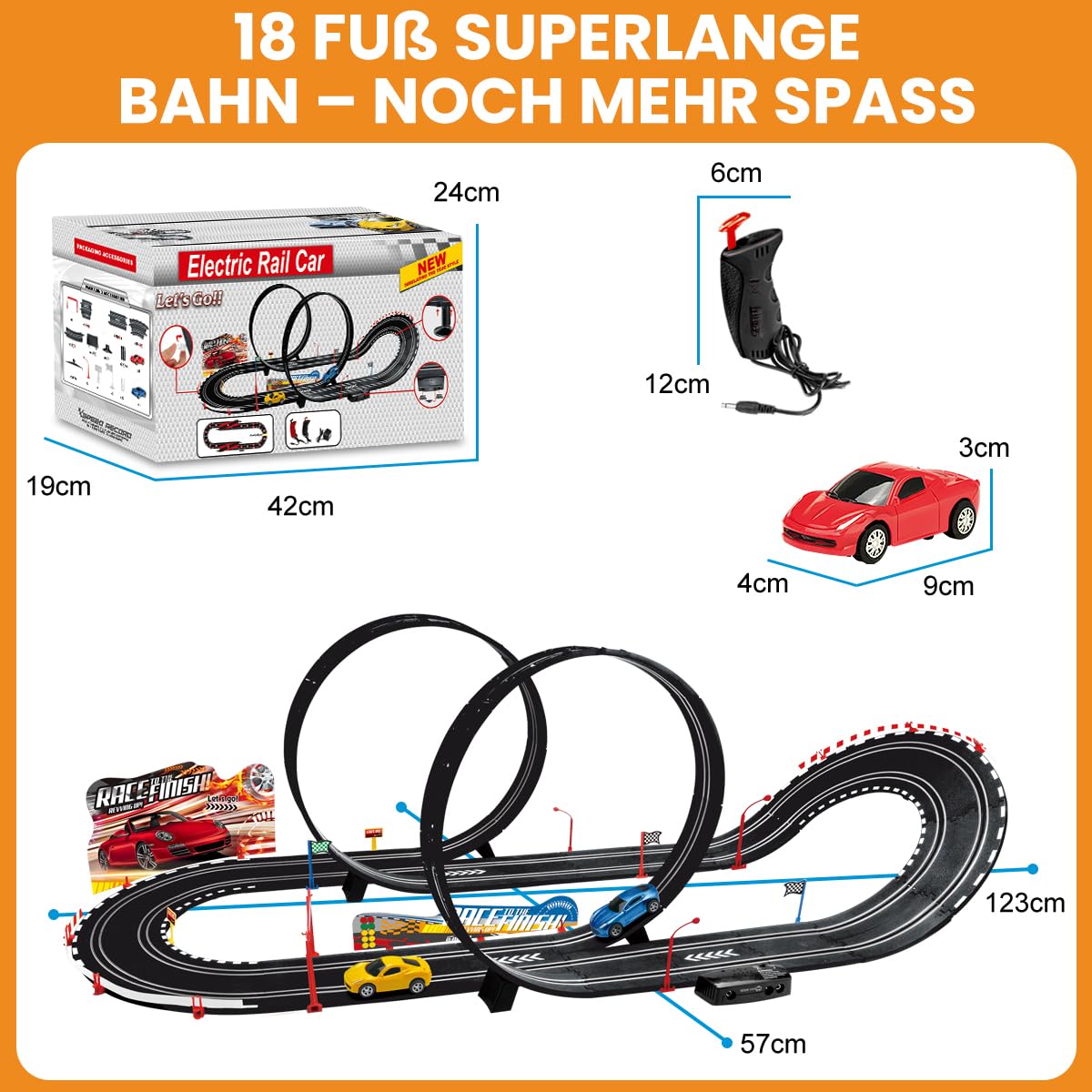SlotCar-Rennbahn-Sets mit 4 Hochgeschwindigkeits-Slot-Cars, 2 Elektrische Controller Kreisförmige Überbrückungsbahn, Geschenk-Spielzeug für Jungen und Mädchen im Alter von 6-12