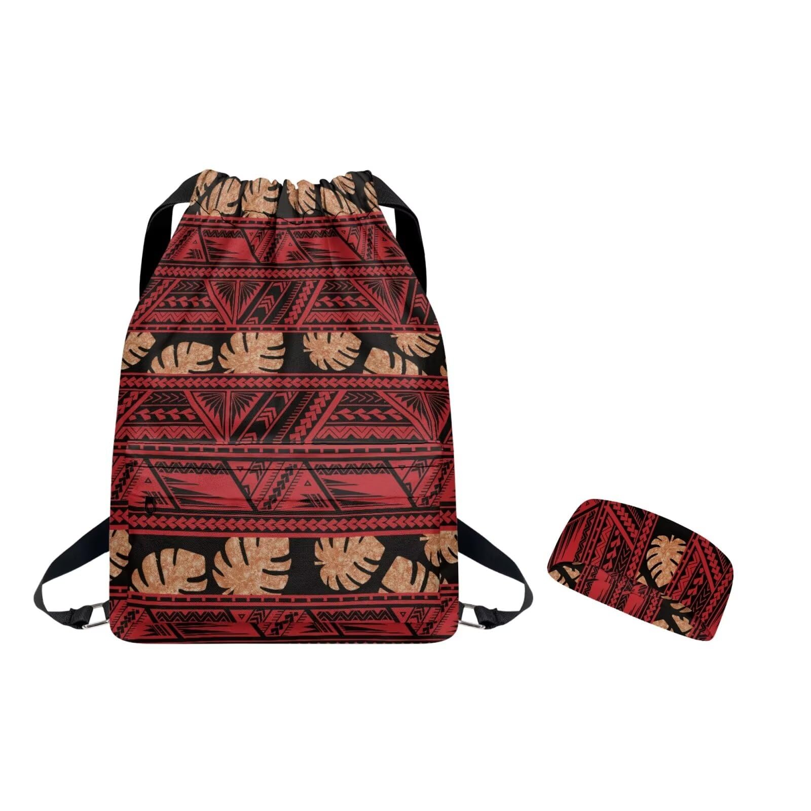 ZCFYGDX Sports Drawstring Backpack & Headband Set, Gym String Cinch Bag with Shoes Compartment Polynesian Texture, Lightweight String Sackpack for