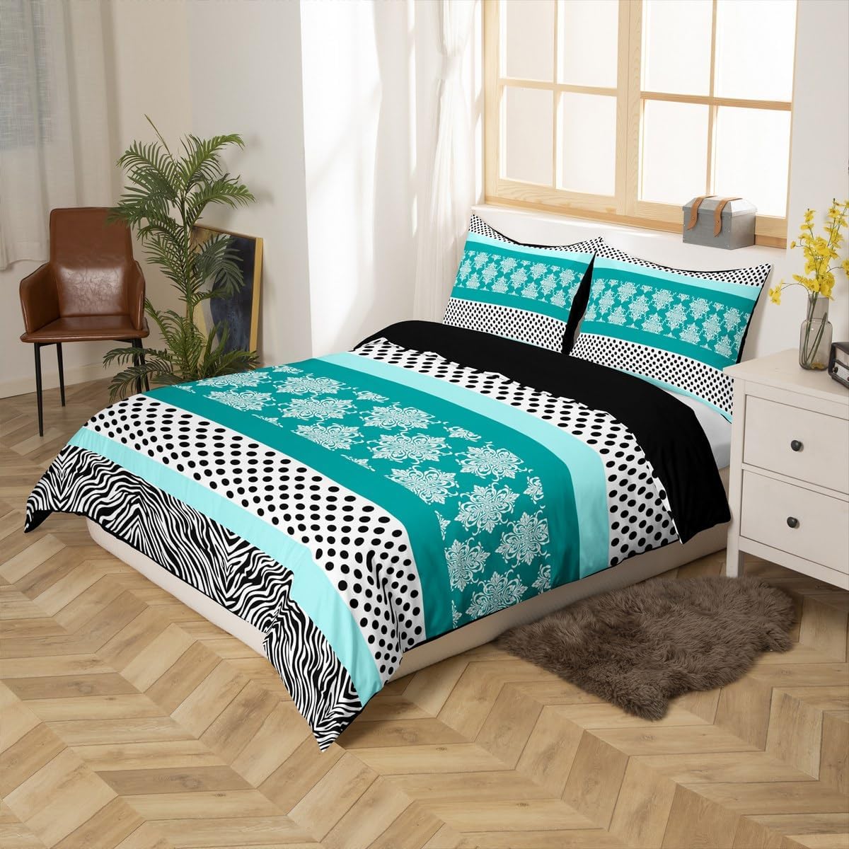 Castle Fairy Rustic Farmhouse Style Duvet Cover Set Toddler Size,Splicing Zebra Skin Prined Bedding Set for Kids Girls Woman Teens,Vintage Paisley Flowers Comforter Cover 2 Pcs,1 Pillowcase