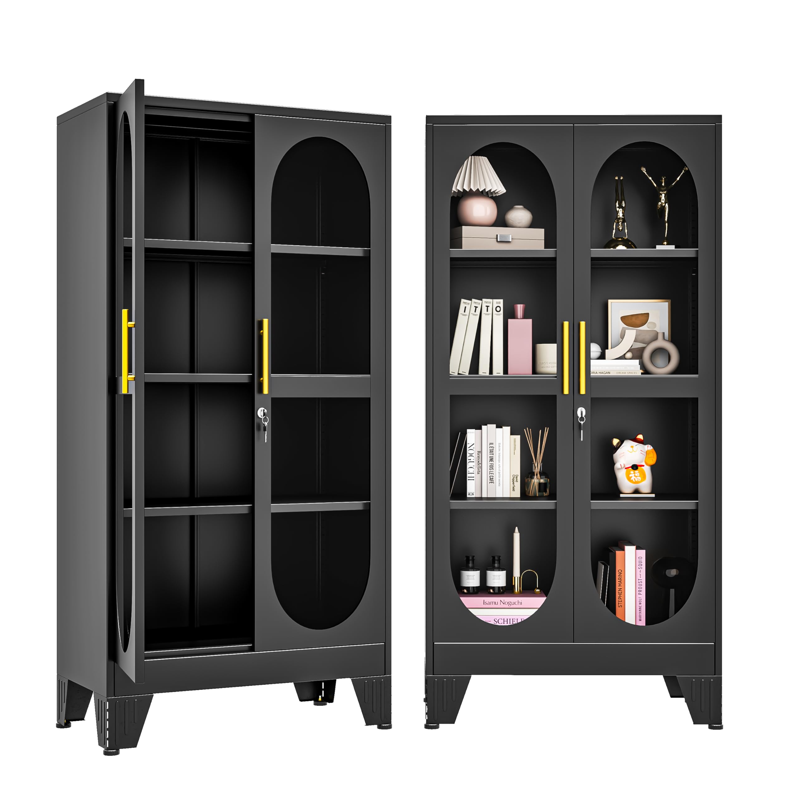 61"H Metal Display Cabinet with Glass Door and Lock, Tall Storage Cabinet with 3 Adjustable Shelves, 4 Tier Liquor Cabinet Metal Curio Cabinet