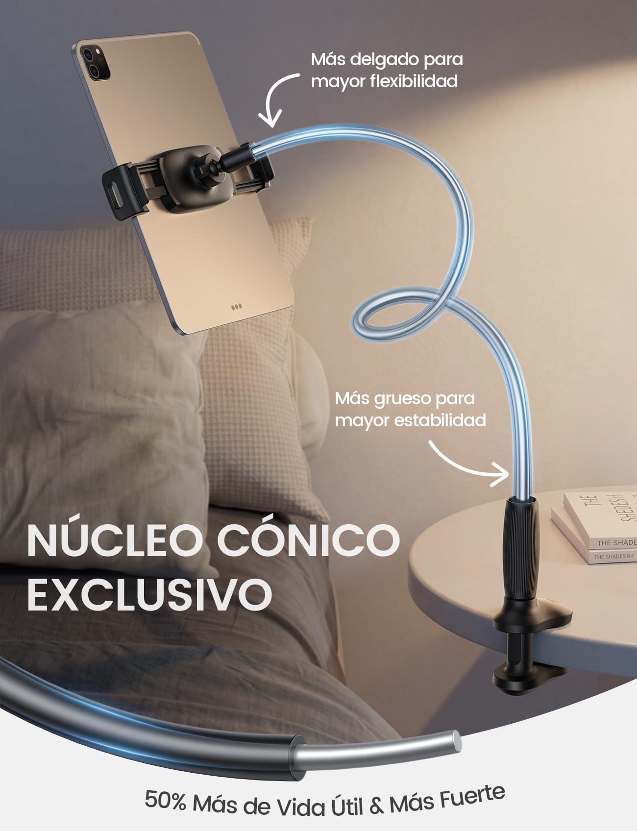 Lamicall Soporte Tablet con Cuello de Cisne - [Diseño Cónico - Base Estable, Brazo Flexible] 85cm Soporte iPad para Cama y Mesa, 360° Rotación, para iPad Pro Air Mini, Kindle, Otro 4,7-13" Dispositivo
