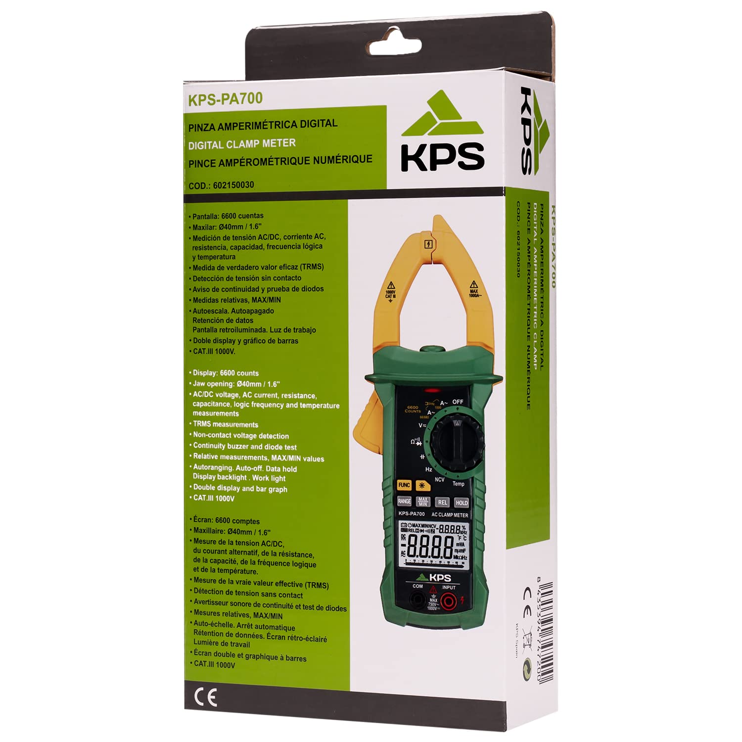 KPS-PA700 Pinza amperimetrica digital TRMS,Tension DC 1000V AC 750V, corriente 1000A, NCV (detección sin contacto), 40 mm de apertura