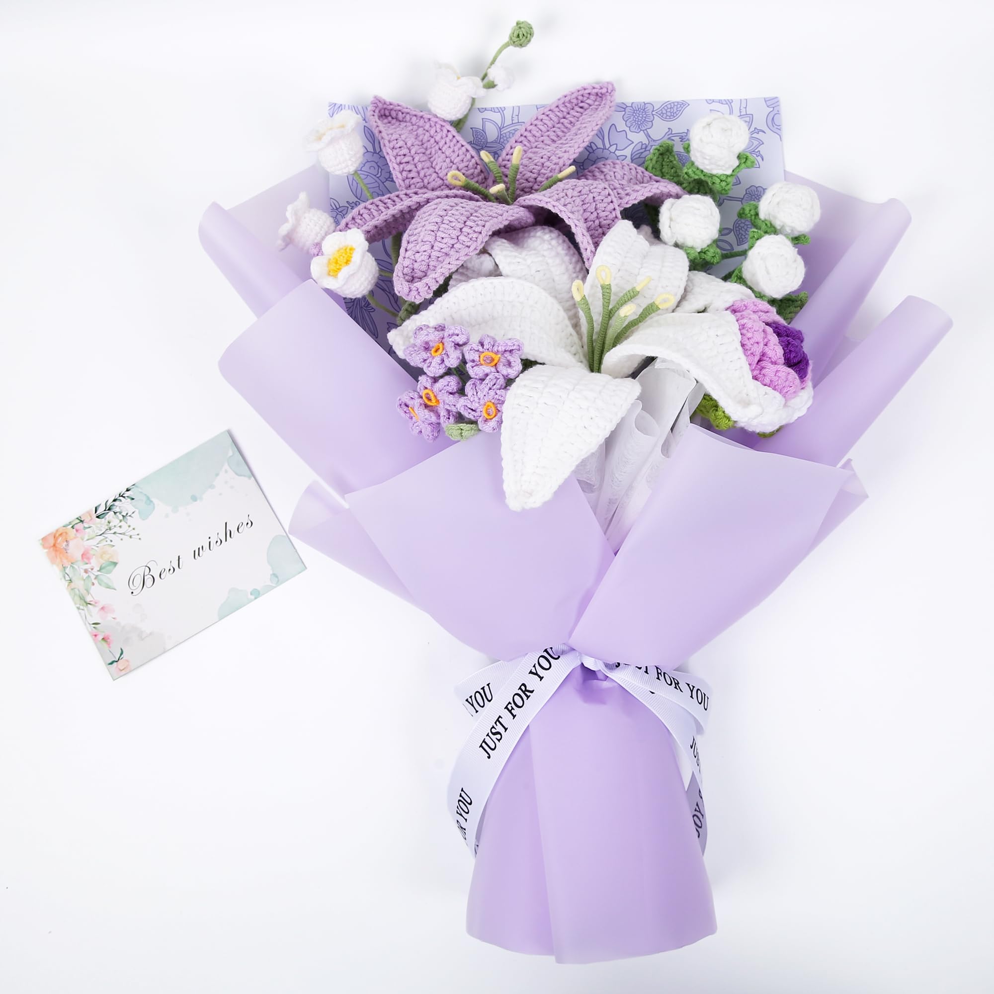 Ramo de flores de ganchillo, ramo de flores de ganchillo hecho a mano con rosas y lirios, flor artificial de ganchillo para el día de la madre, cumpleaños, boda, decoración del hogar, bolsa de regalo