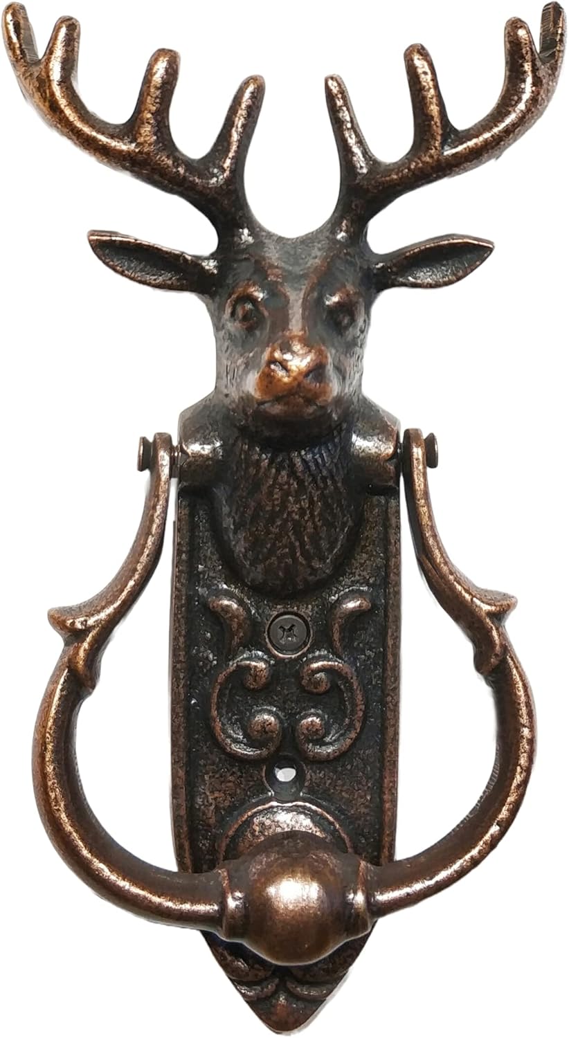 Stag Head Door Knocker on Ornate Decorated Plate,Solid Brass (Antique Copper)