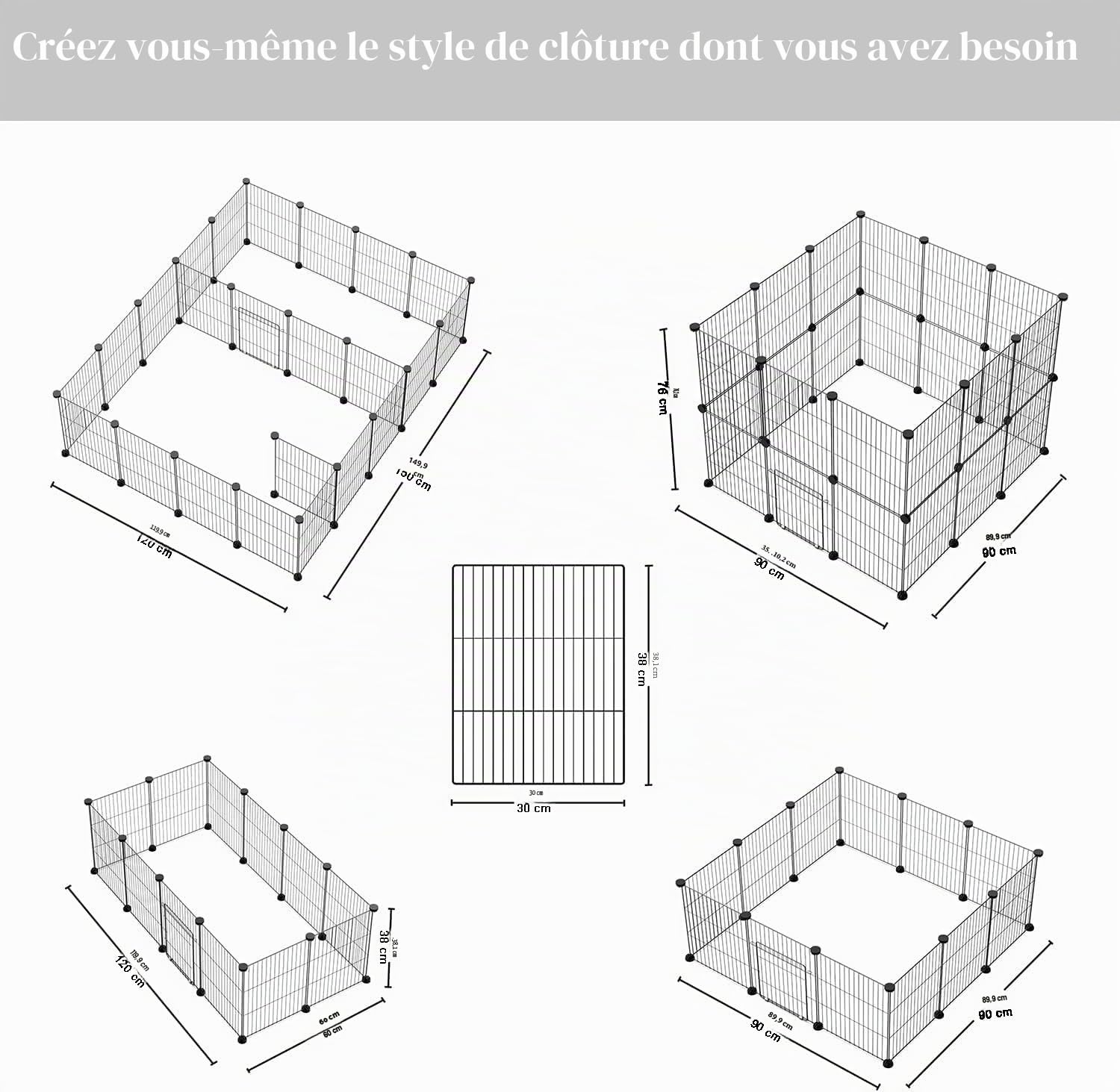 Enclos pour Animaux Domestiques avec Porte, Enclos Intérieur Modulable, Parc DIY pour Petits Animaux, Clôture Réglable, Lot de 24 Panneaux Grillagés pour Lapins et Cobayes 30x38CM Noir