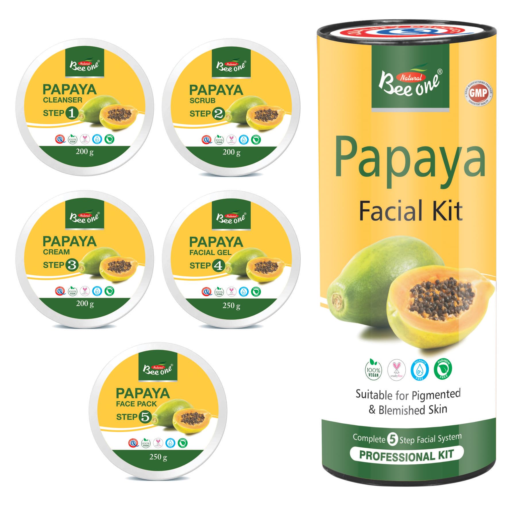 Bee One Papaya 5 step Facial Kit for Radiance & Youthful Glow 1100 g | Suitable for all Skin Types | Get upto 40 uses in this 1 kit