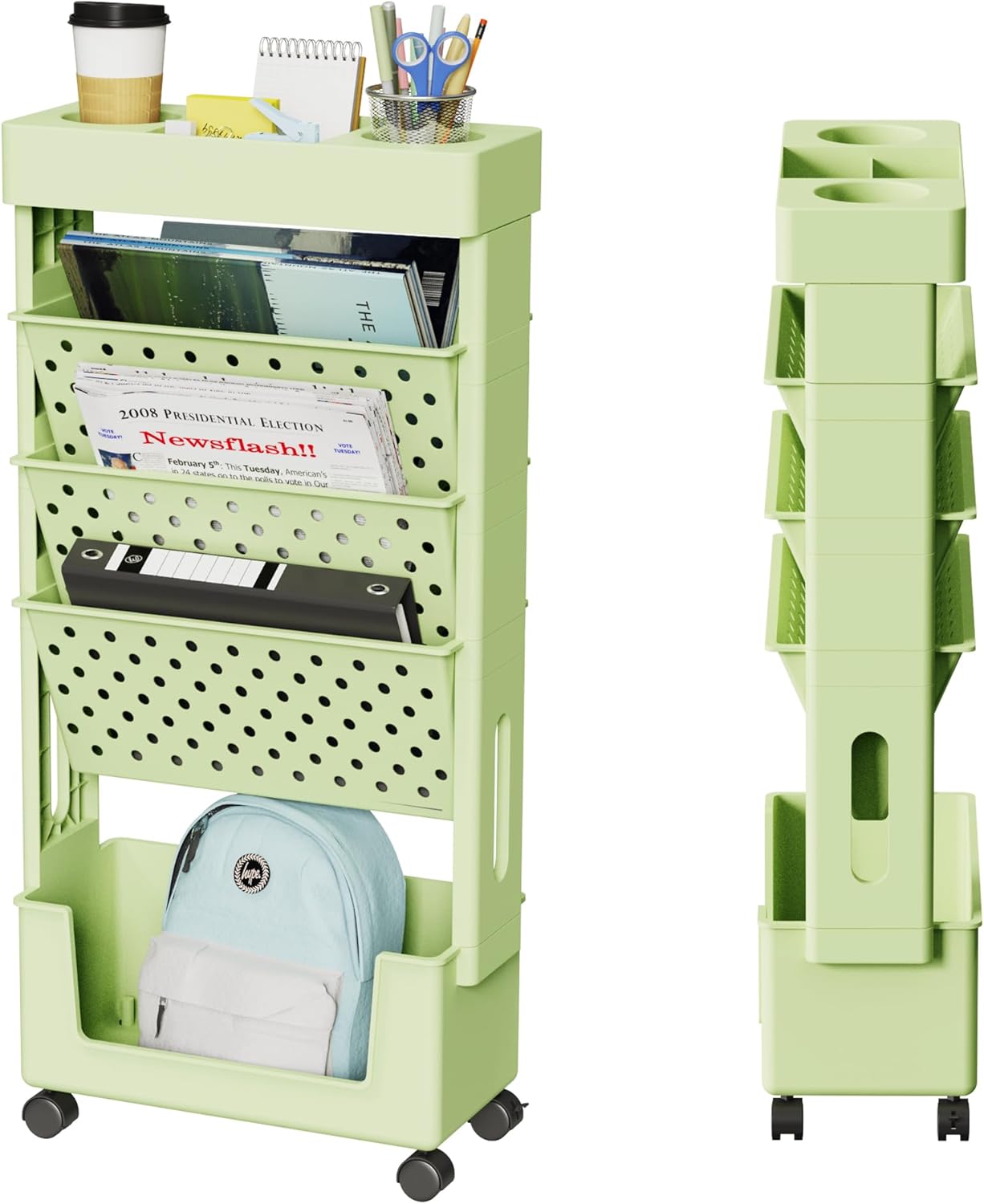 Merapi 5 Tier Rolling Book Cart, Movable Storage Book Shelves with