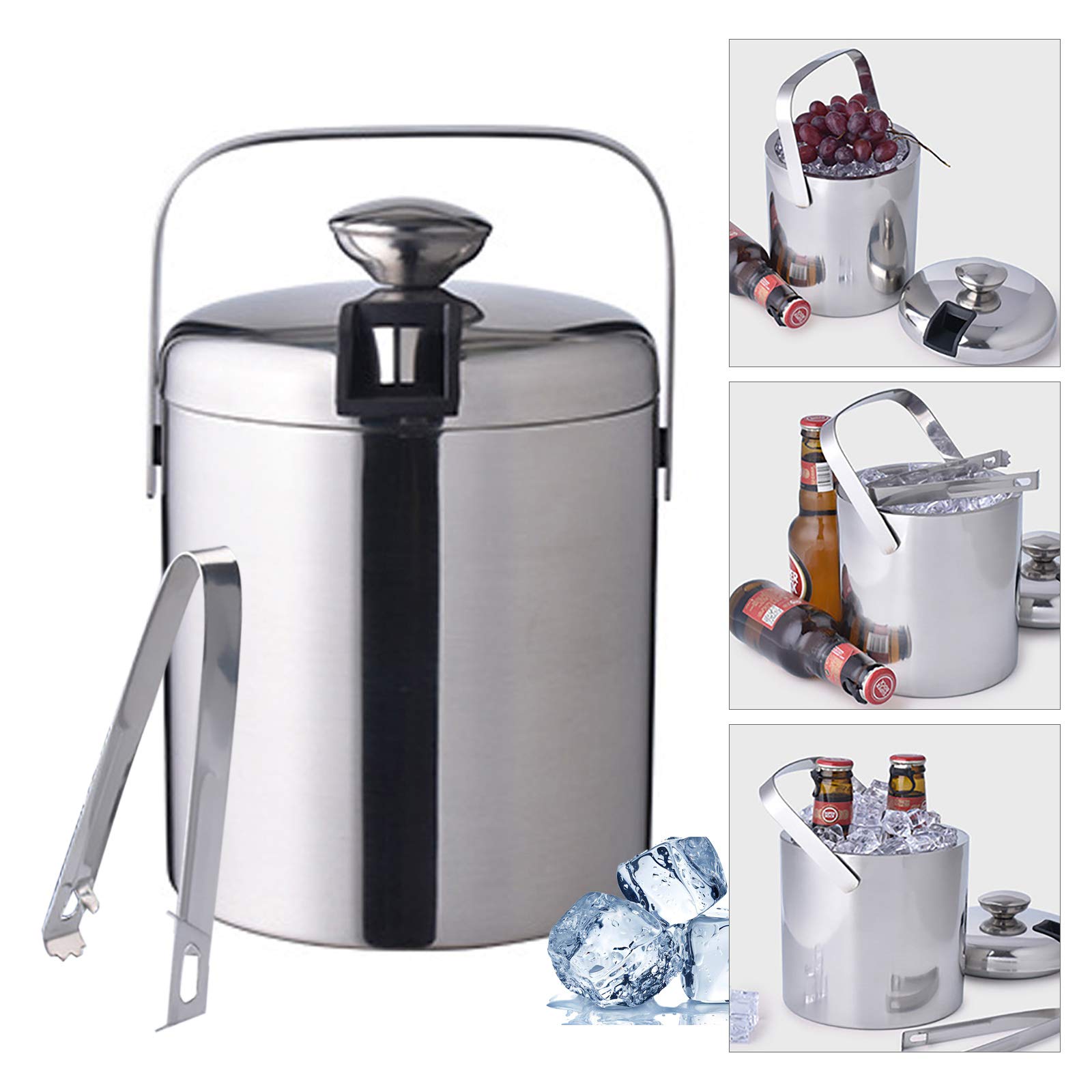 Contenitore per cubetti di ghiaccio in acciaio inox con coperchio, pinza, colino, 1,3 l, a doppia parete, per cubetti di ghiaccio, spumante, birra, vino, ideale per bar, feste, all'aperto